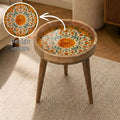 Orange Floral Mango Wood Side Table | Boho Botanical Accent Furniture