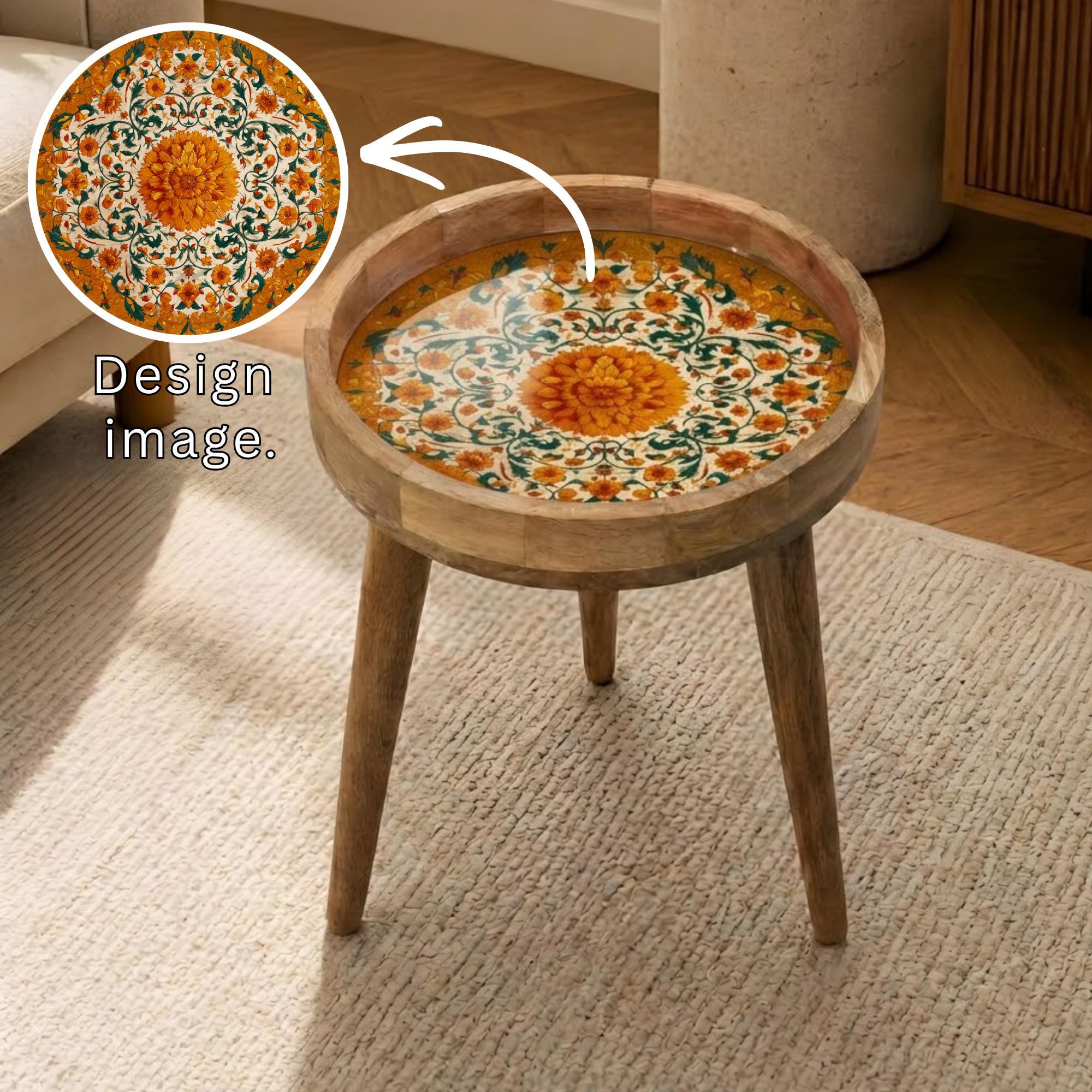 Orange Floral Mango Wood Side Table | Boho Botanical Accent Furniture