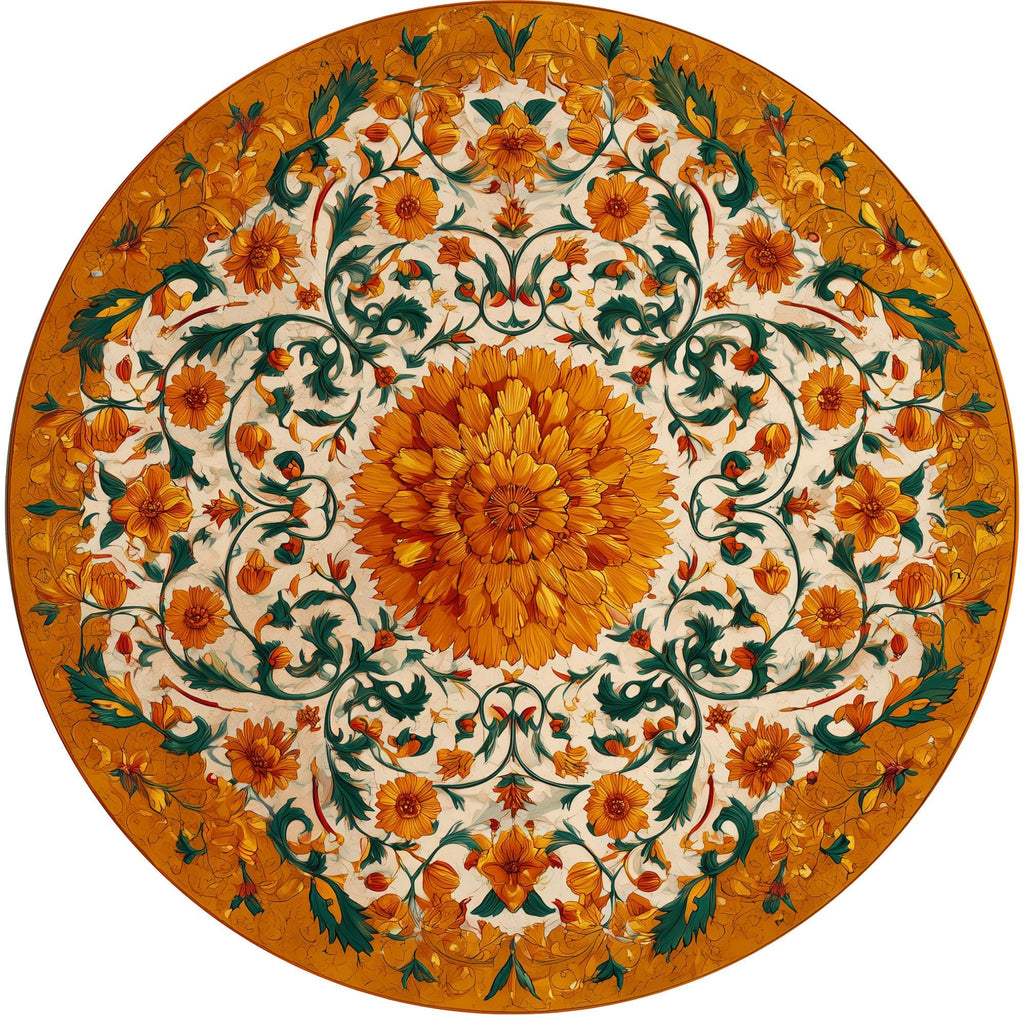 Orange Floral Mango Wood Side Table | Boho Botanical Accent Furniture