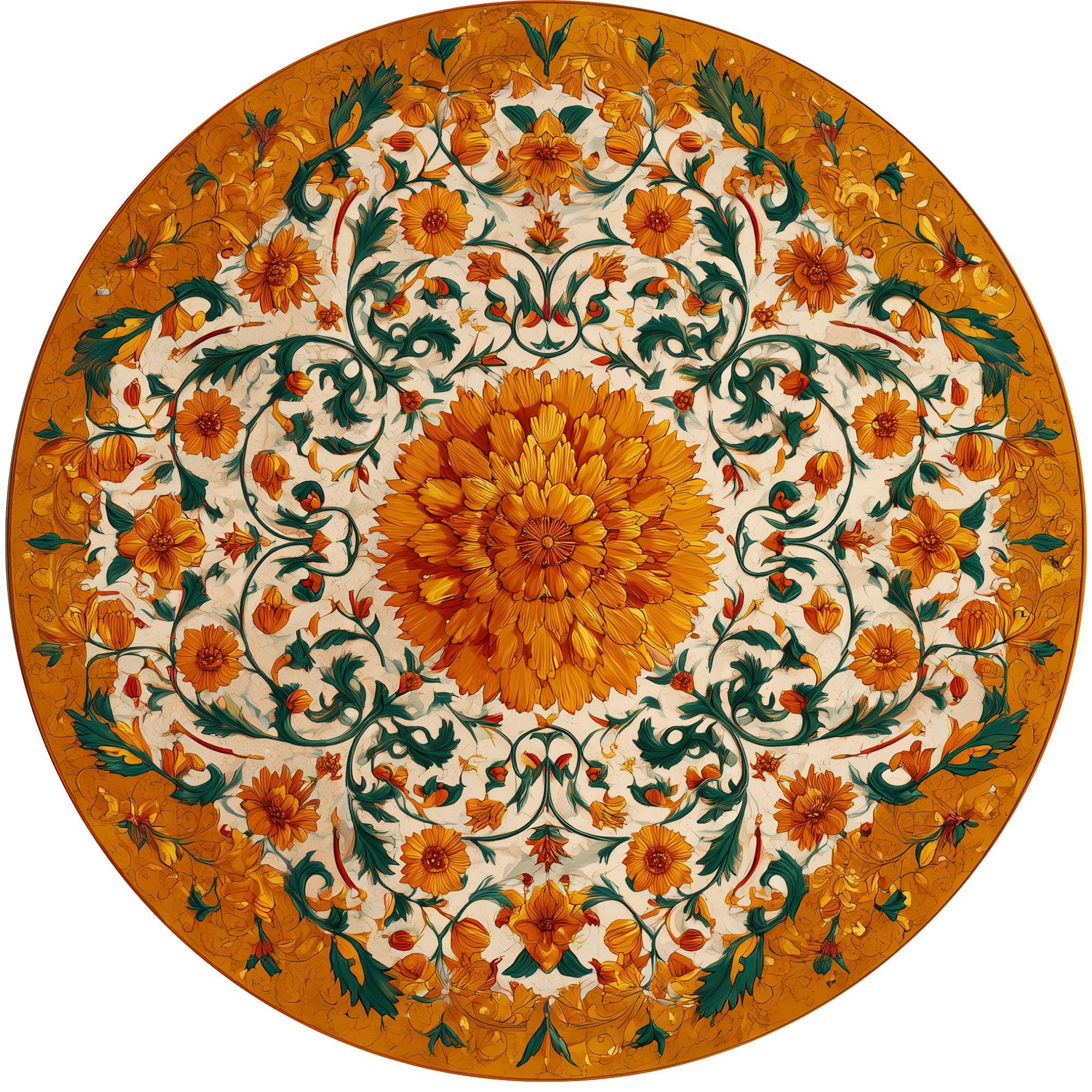 Orange Floral Mango Wood Side Table | Boho Botanical Accent Furniture