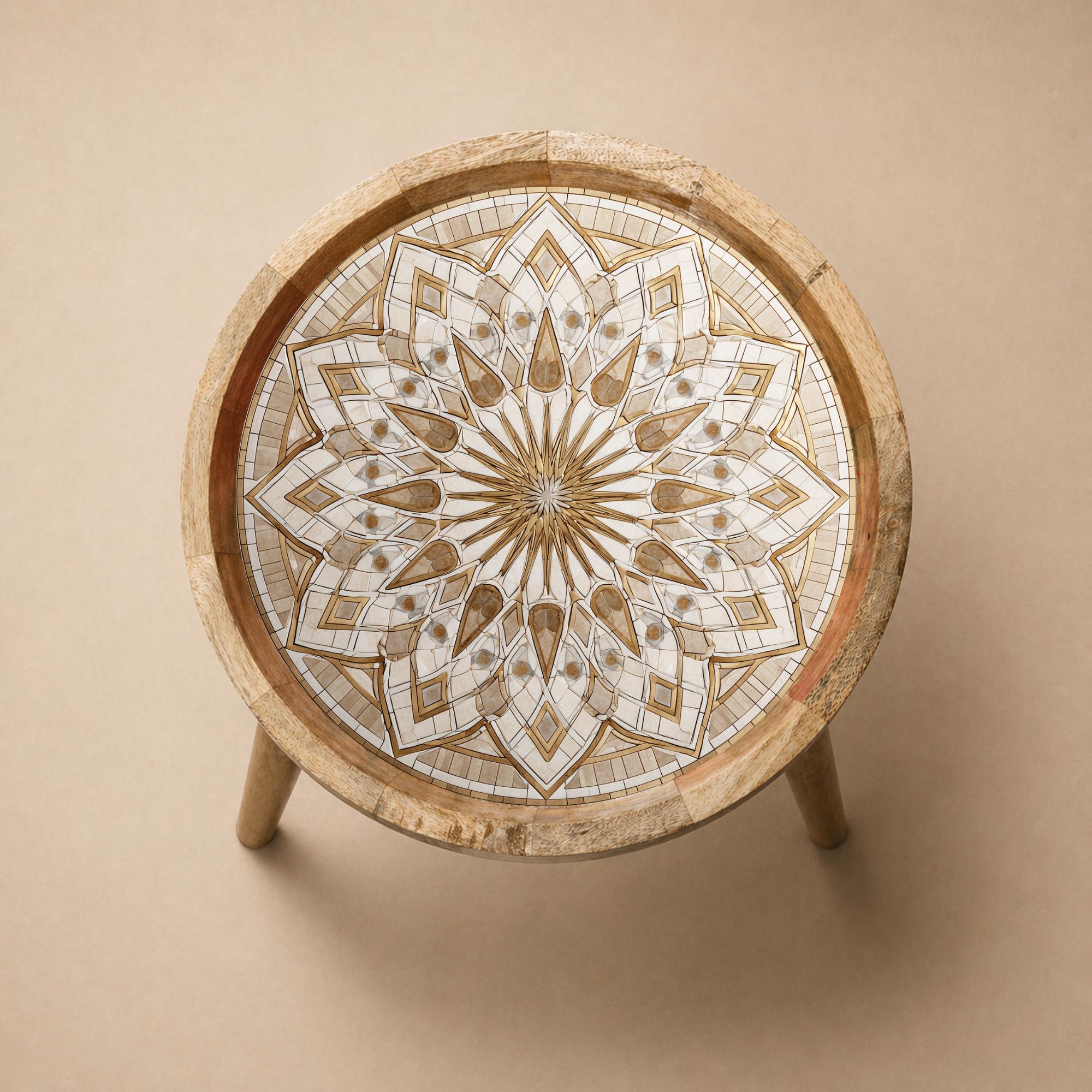 Printed Mango Wood Side Table | Neutral Boho Mandala Accent Furniture