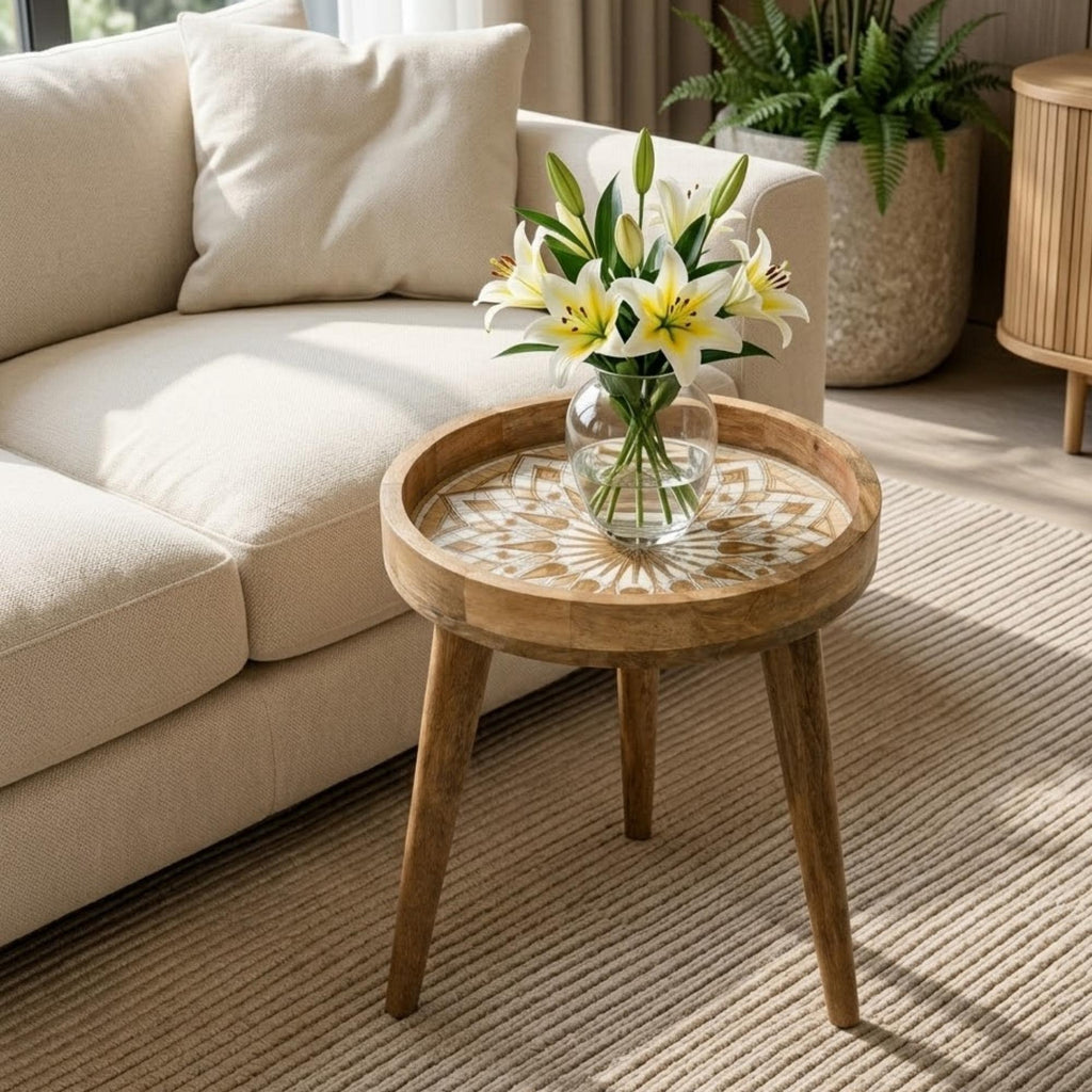 Printed Mango Wood Side Table | Neutral Boho Mandala Accent Furniture