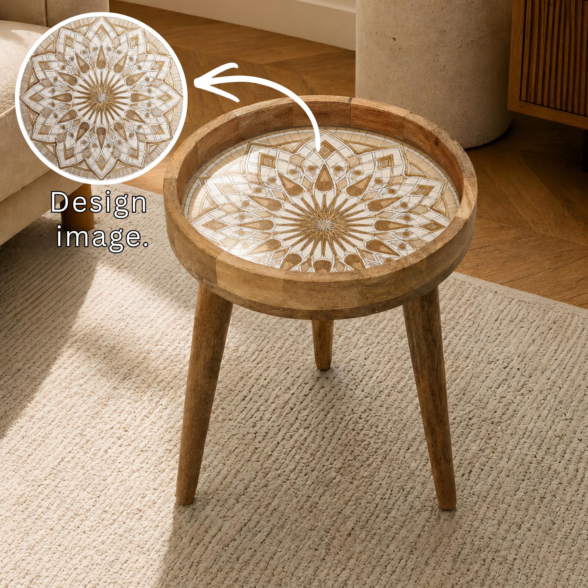 Printed Mango Wood Side Table | Neutral Boho Mandala Accent Furniture