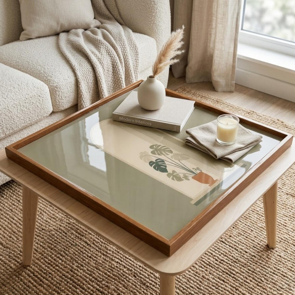 Square Serving Tray, Neutral Botanical Tray, Modern Ottoman Coffee Table Tray, Handmade Resin Wood Tray, Japandi Home Decor