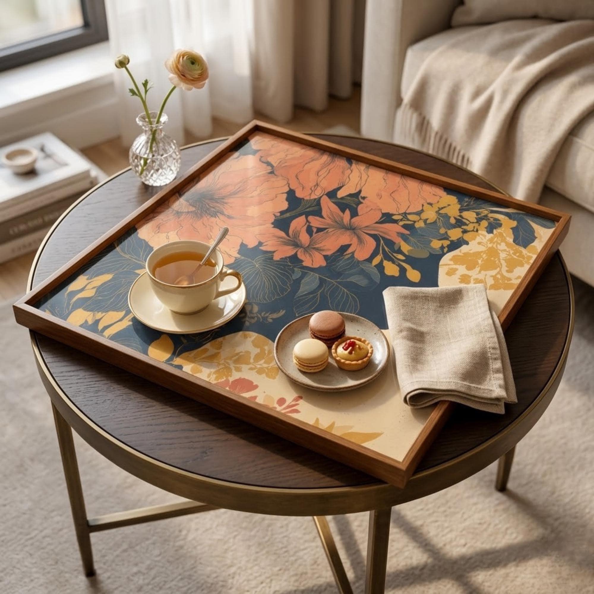 Square Serving Tray, Autumn Botanical Tray, Vintage Floral Ottoman Tray, Coffee Table Tray, Handmade Resin Wood Decorative Home Accent