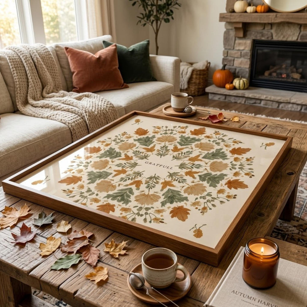 Square Serving Tray, Fall Leaves Tray, Autumn Ottoman Tray, Coffee Table Tray, Handmade Resin Wood Decor
