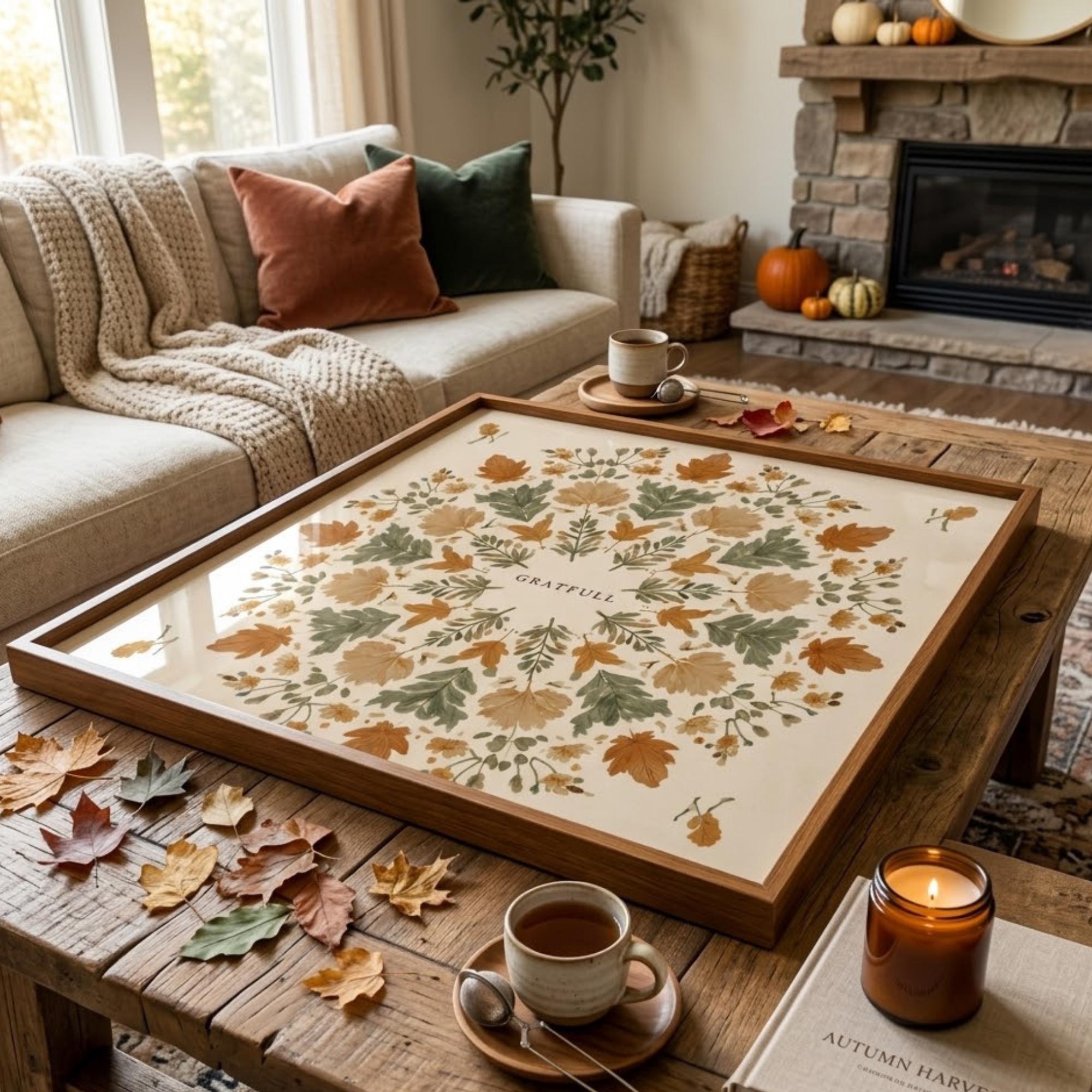 Square Serving Tray, Fall Leaves Tray, Autumn Ottoman Tray, Coffee Table Tray, Handmade Resin Wood Decor