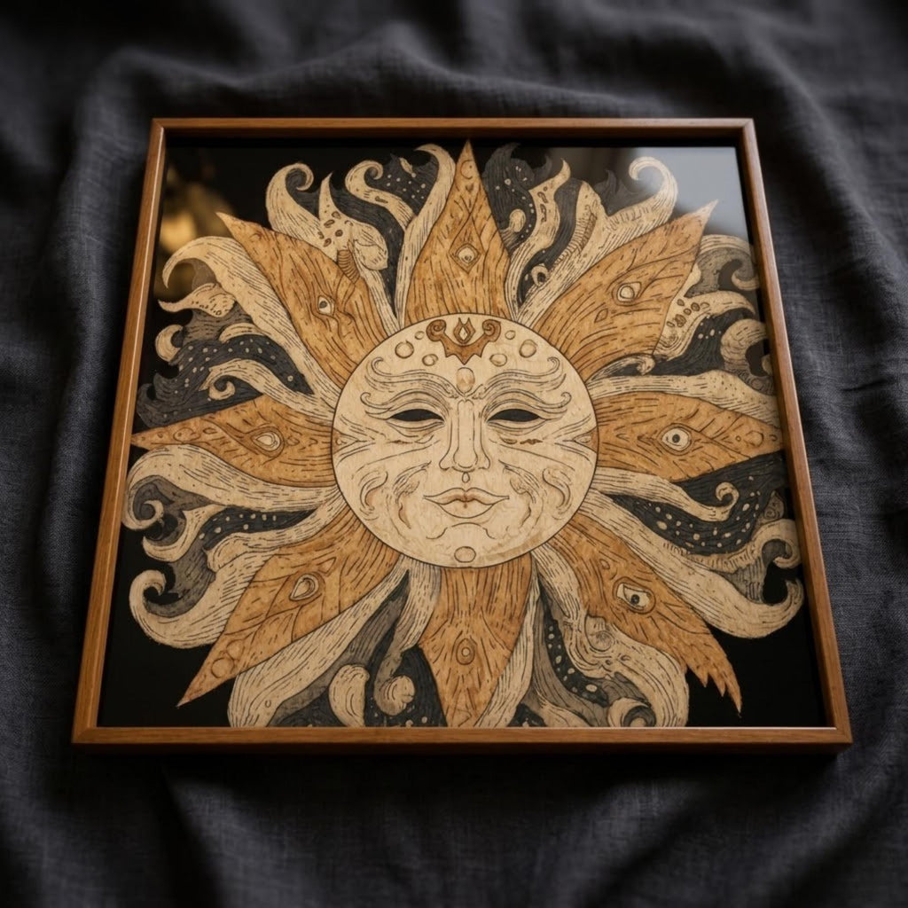 Square Serving Tray, Boho Sun Tray, Celestial Ottoman Tray, Coffee Table Tray, Handmade Resin Wood Decor