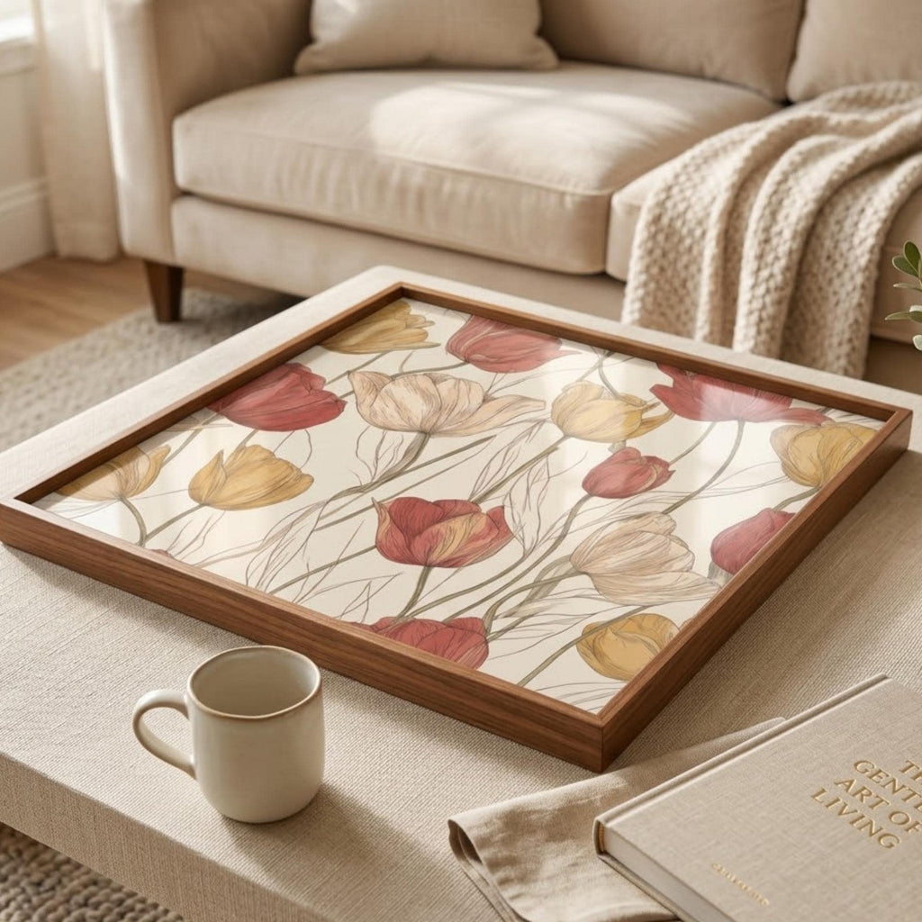 Square Serving Tray, Tulip Floral Tray, Ottoman Coffee Table Tray, Handmade Resin Wood Tray, Spring Home Decor