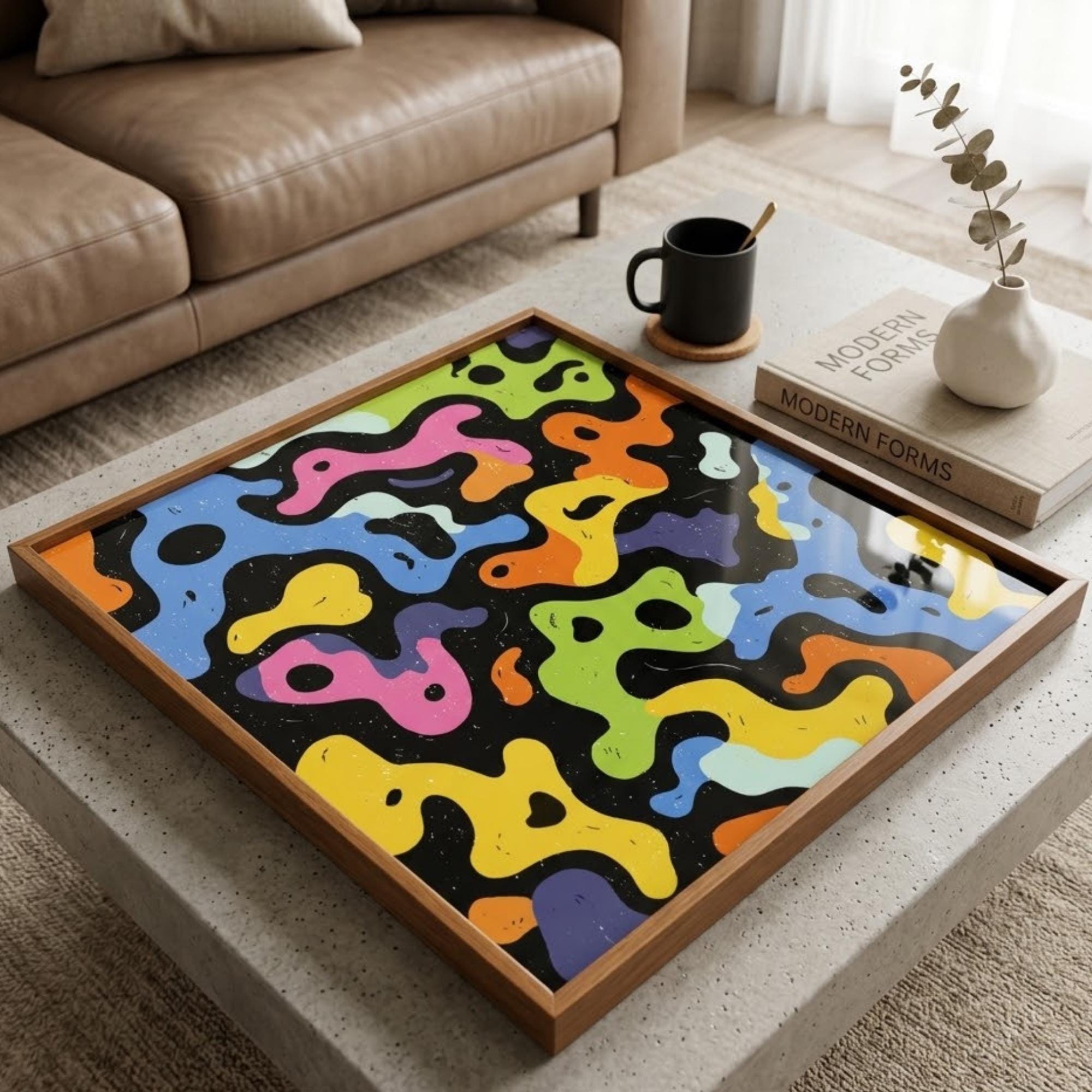 Square Serving Tray, Colorful Abstract Tray, Ottoman Coffee Table Tray, Handmade Resin Wood Tray, Modern Pop Art Decor