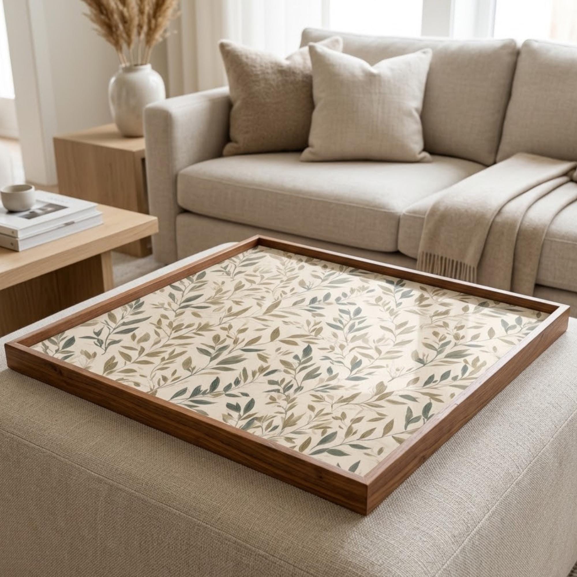 Square Serving Tray, Botanical Leaf Tray, Ottoman Coffee Table Tray, Handmade Resin Wood Tray, Nature Home Decor