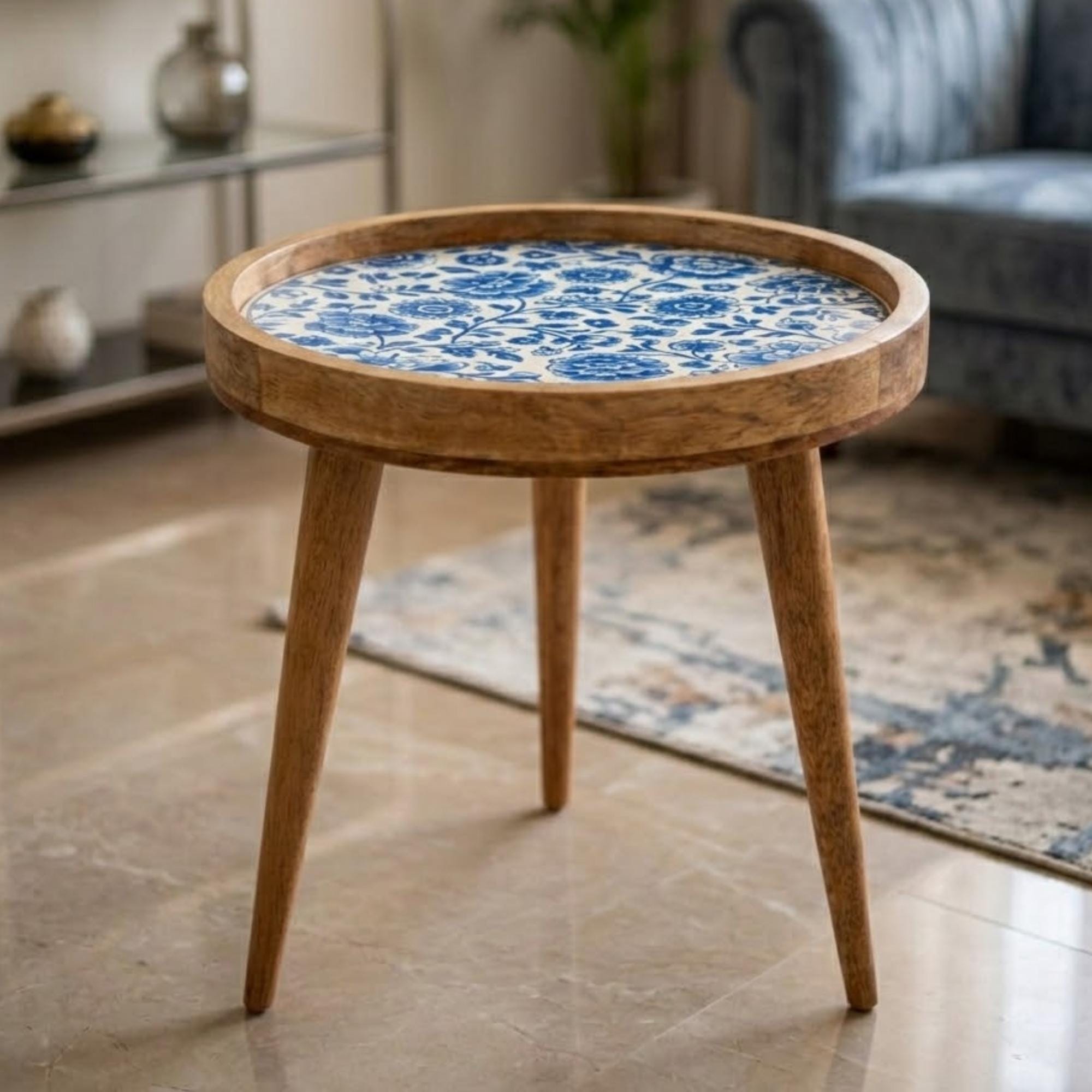 Handmade Mango Wood Side Table | Blue Floral Print Round Accent Table