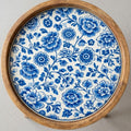 Handmade Mango Wood Side Table | Blue Floral Print Round Accent Table