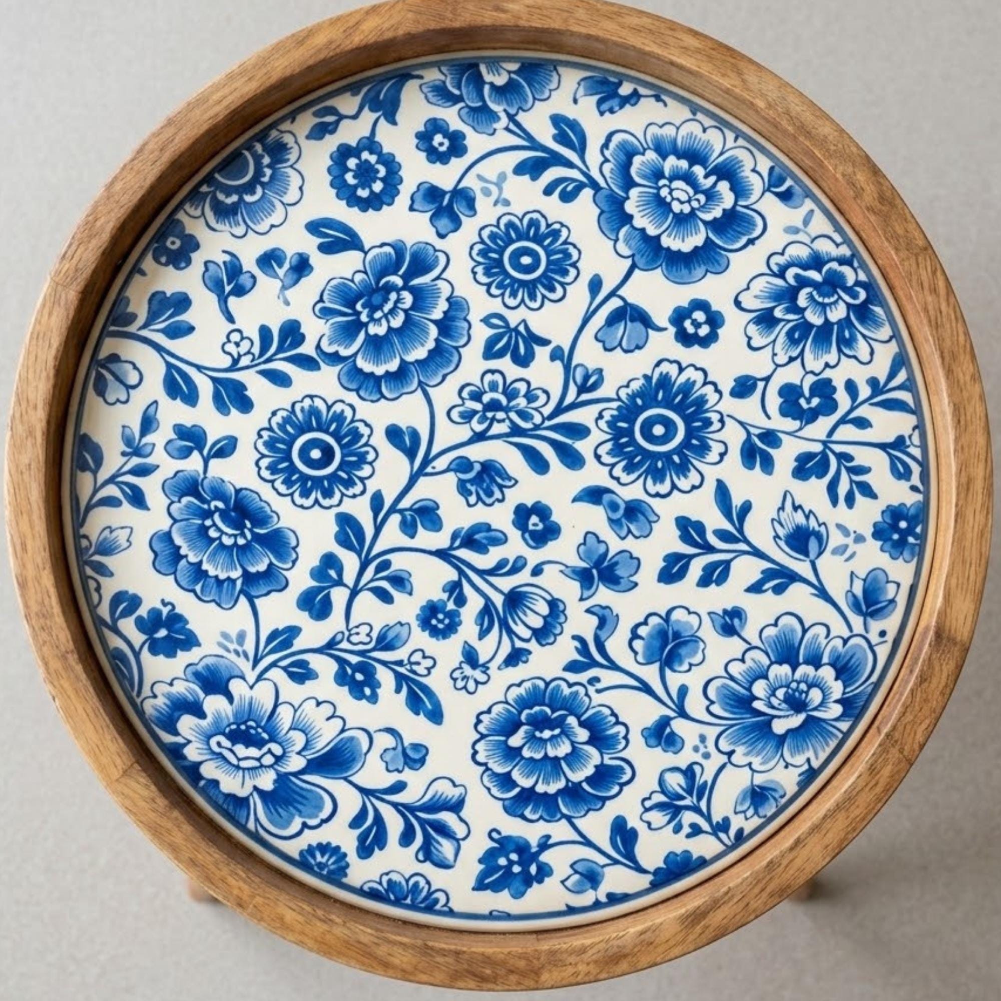 Handmade Mango Wood Side Table | Blue Floral Print Round Accent Table