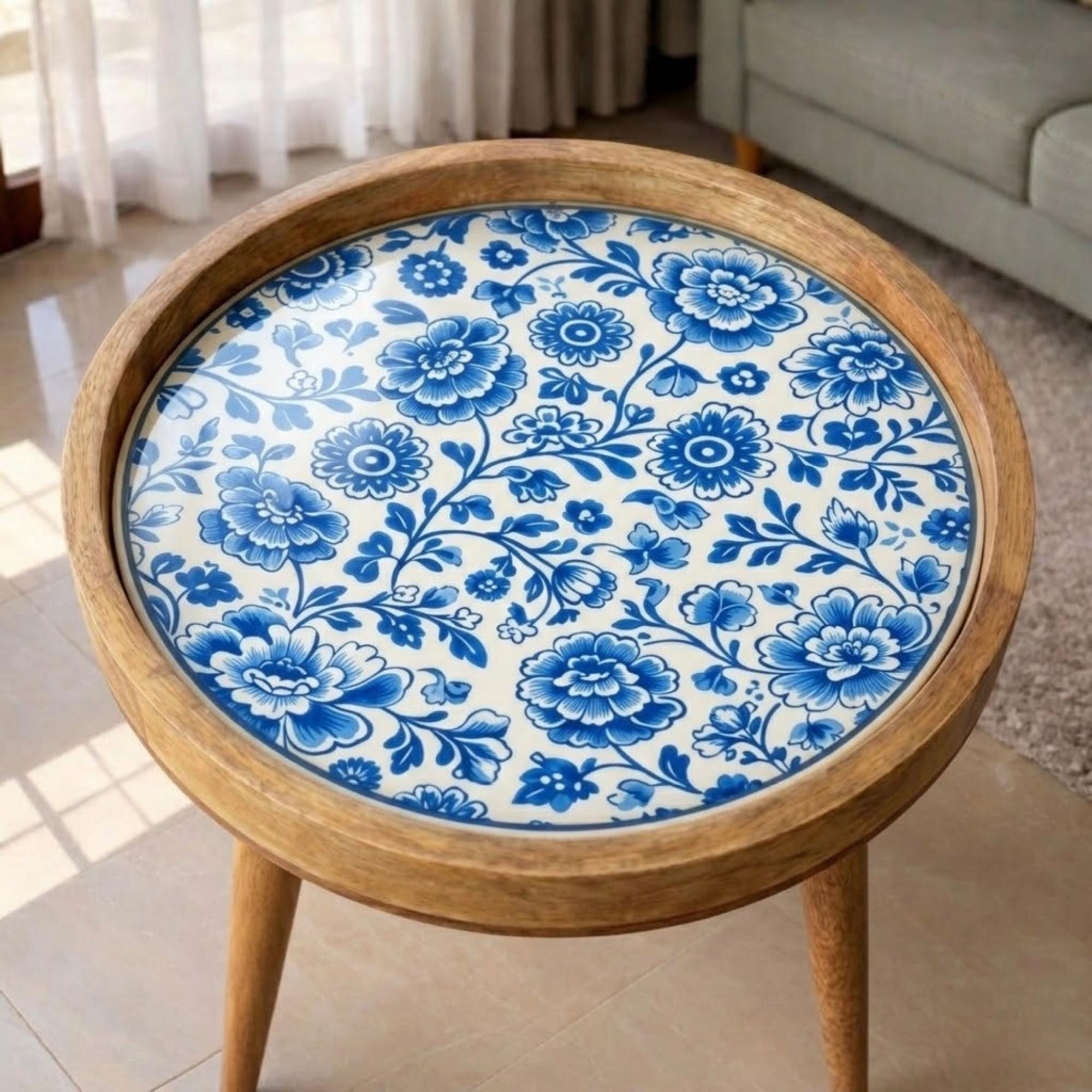 Handmade Mango Wood Side Table | Blue Floral Print Round Accent Table