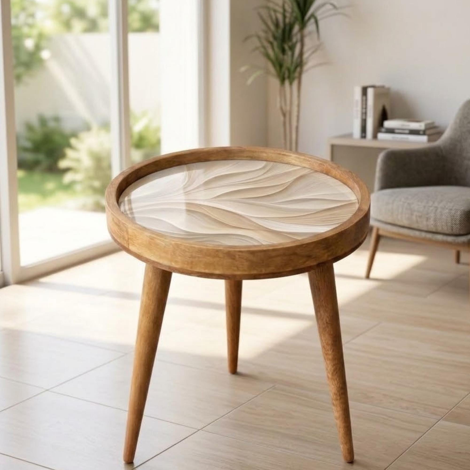 Minimal Abstract Mango Wood End Table | Handmade Round Side Table | Modern Accent Furniture