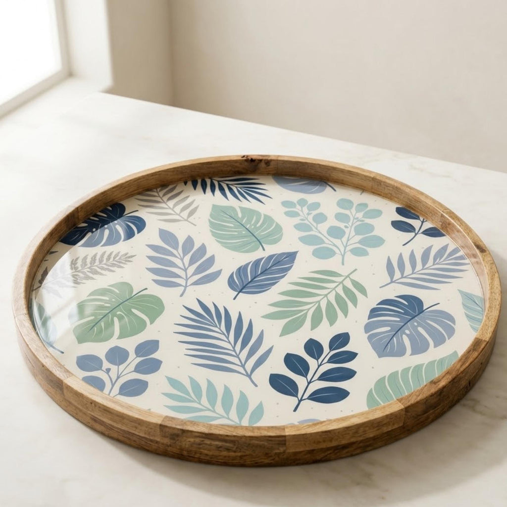 Blue Leaf Wooden Tray Printed | Mango Wood Round Tea Serving Decor