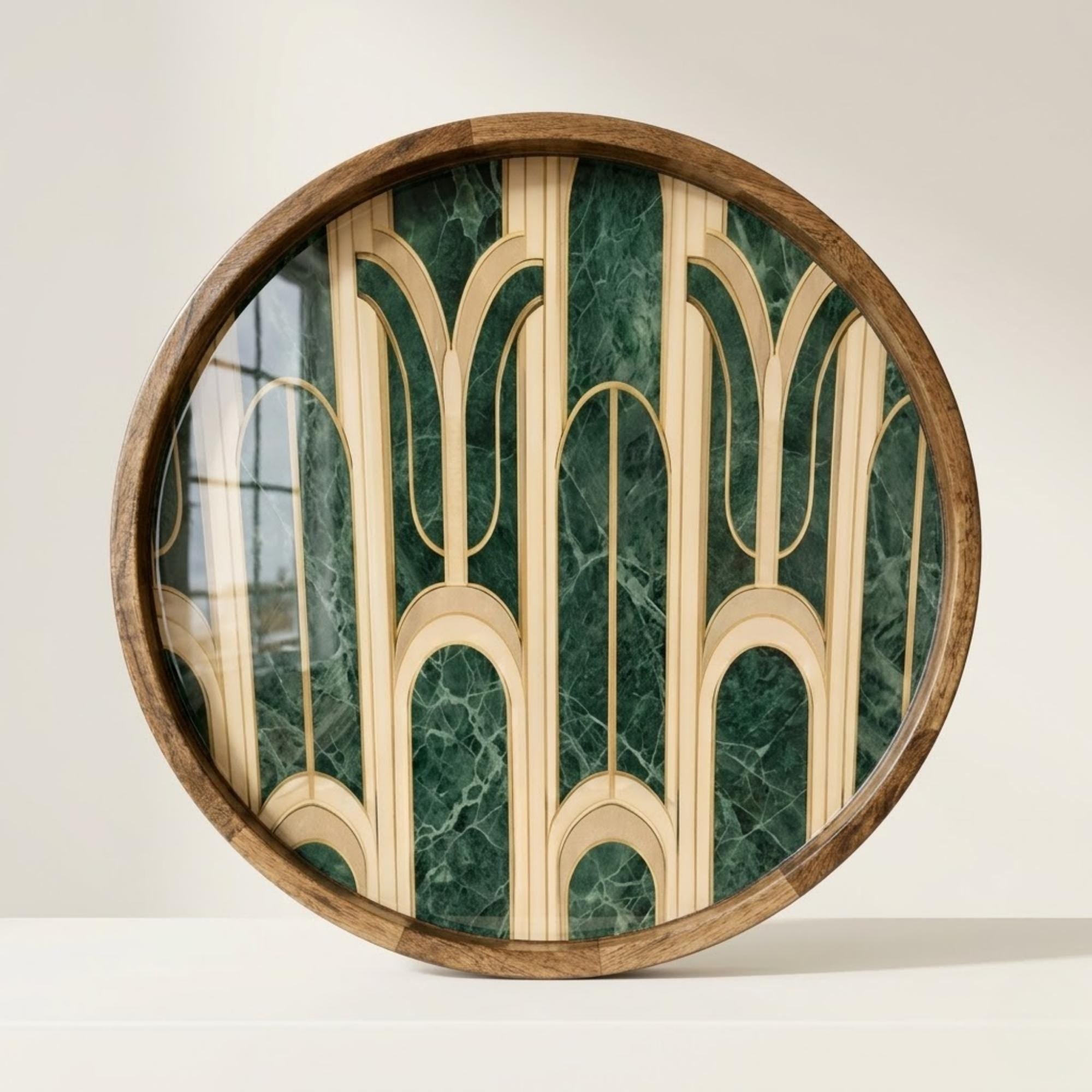 Handmade Mango Wood Art Deco Tray | Green Marble Geometric Arch Serving Dish