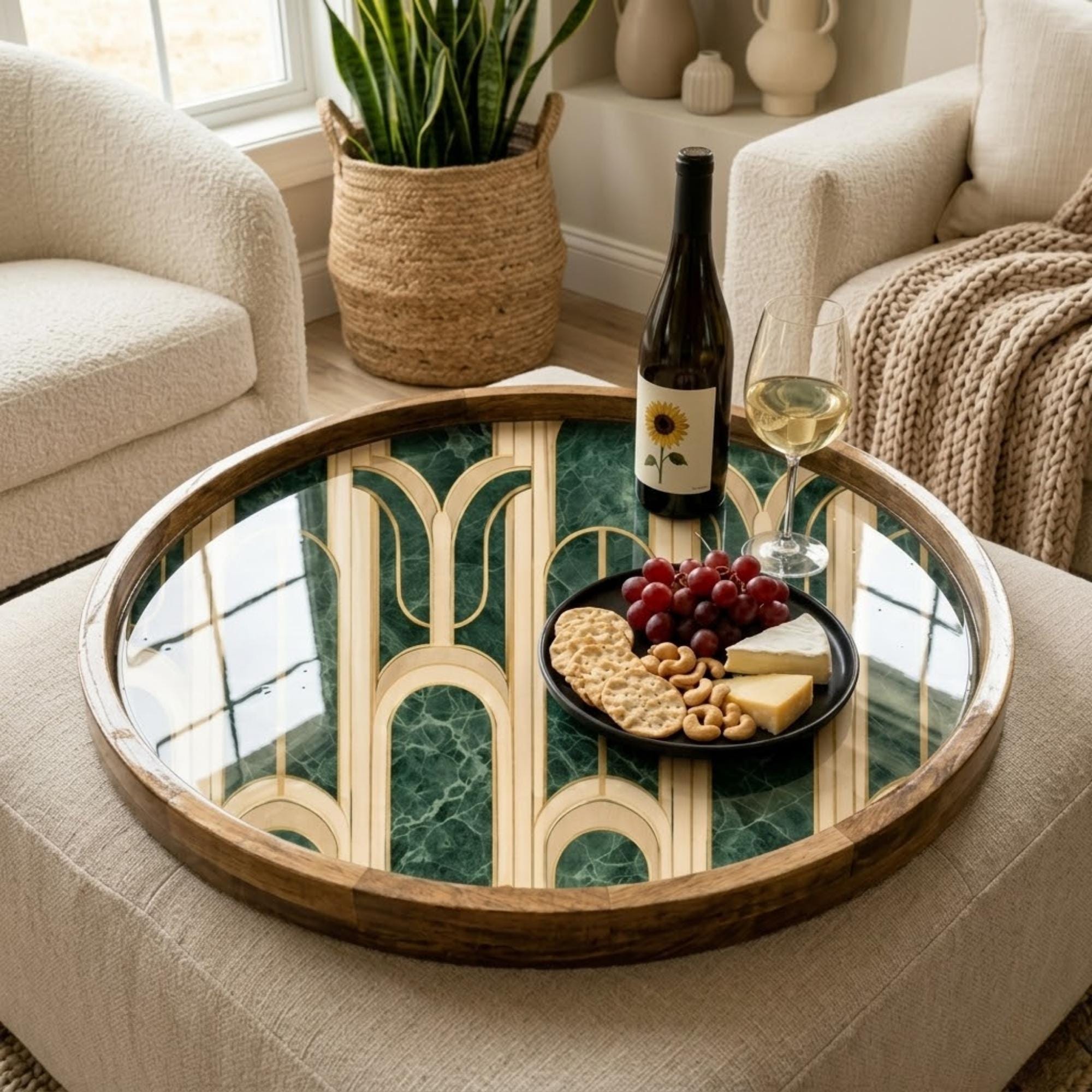 Handmade Mango Wood Art Deco Tray | Green Marble Geometric Arch Serving Dish