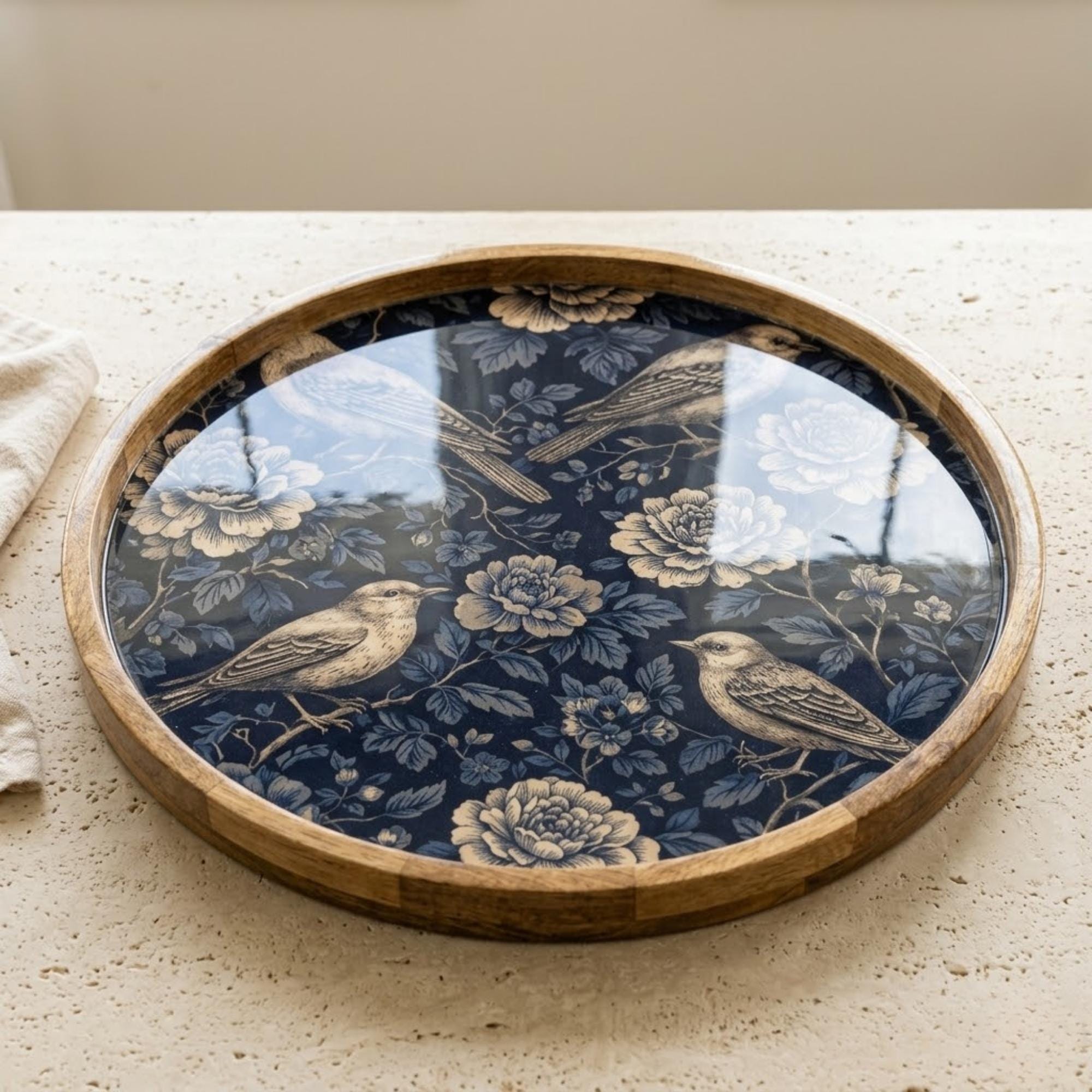 Blue Floral Wooden Serving Platter | Printed Mango Wood | Round Tea Coffee Decor Gift