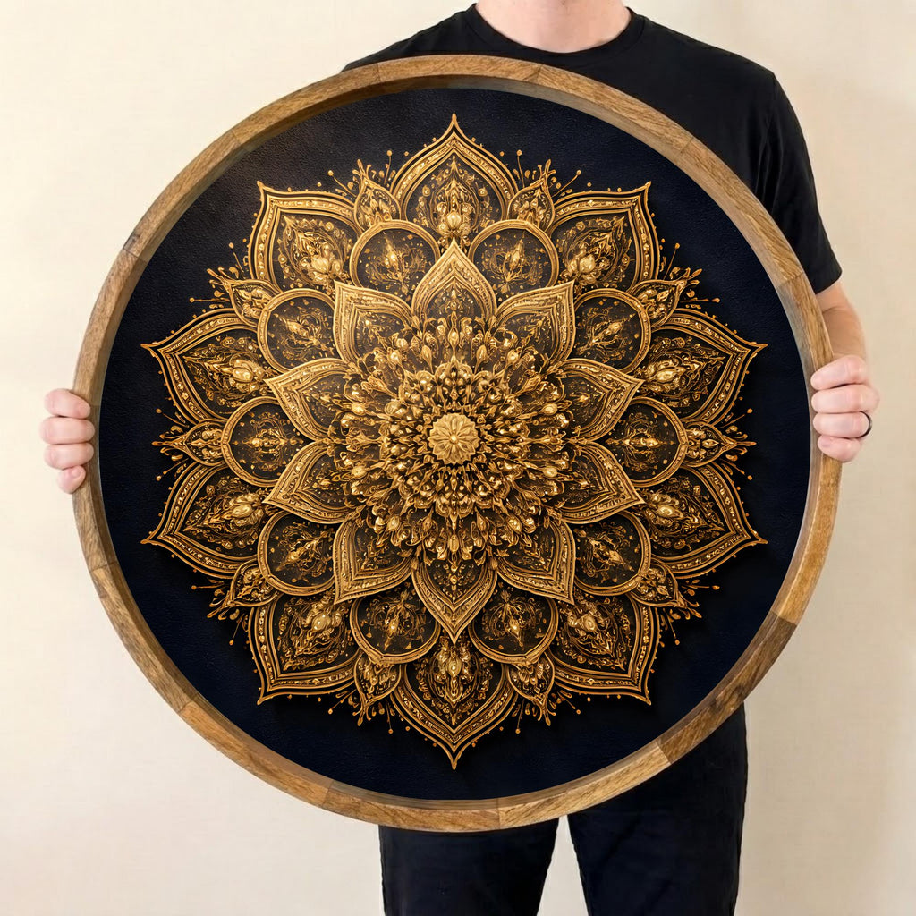 Mandala Wooden Serving Tray | Round Mango Wood, Boho Home Decor