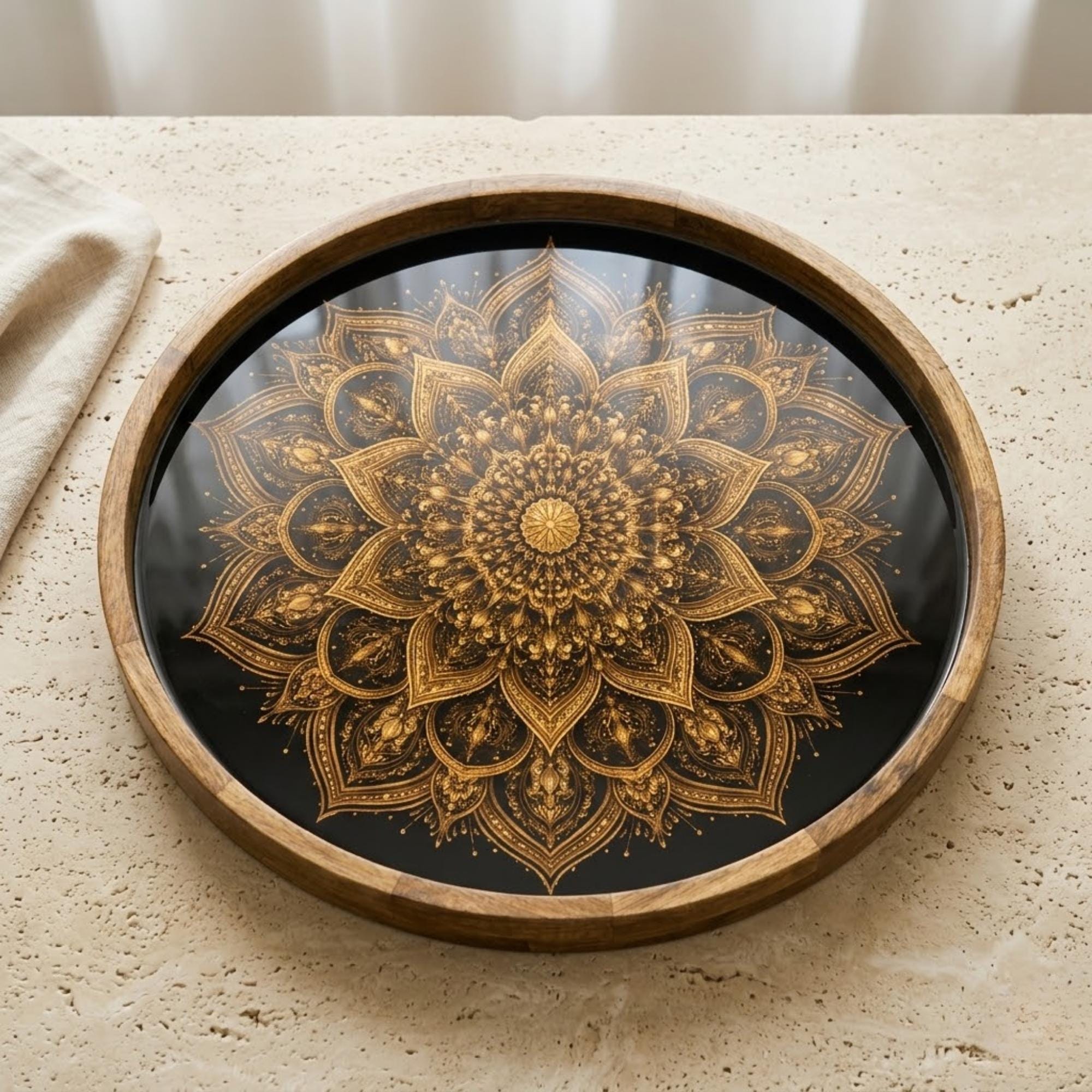 Mandala Wooden Serving Tray | Round Mango Wood, Boho Home Decor