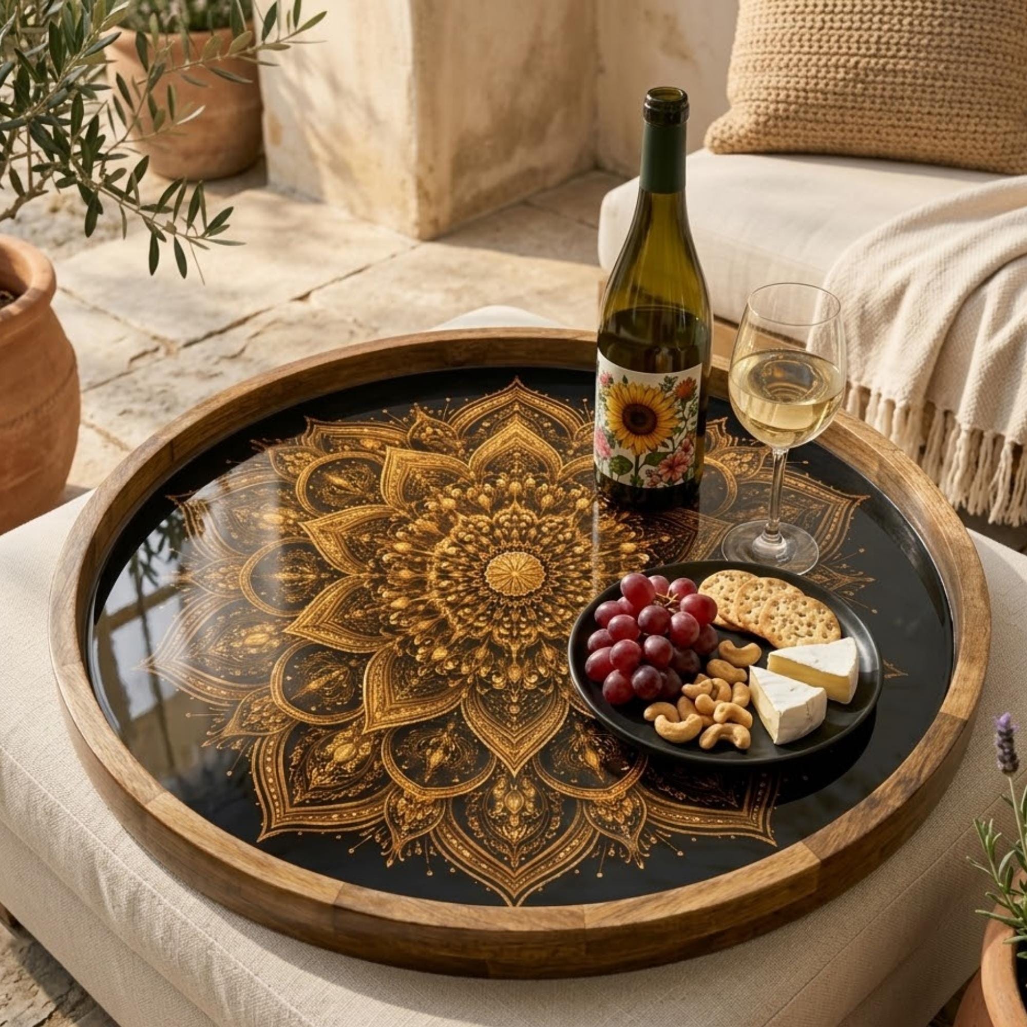 Mandala Wooden Serving Tray | Round Mango Wood, Boho Home Decor
