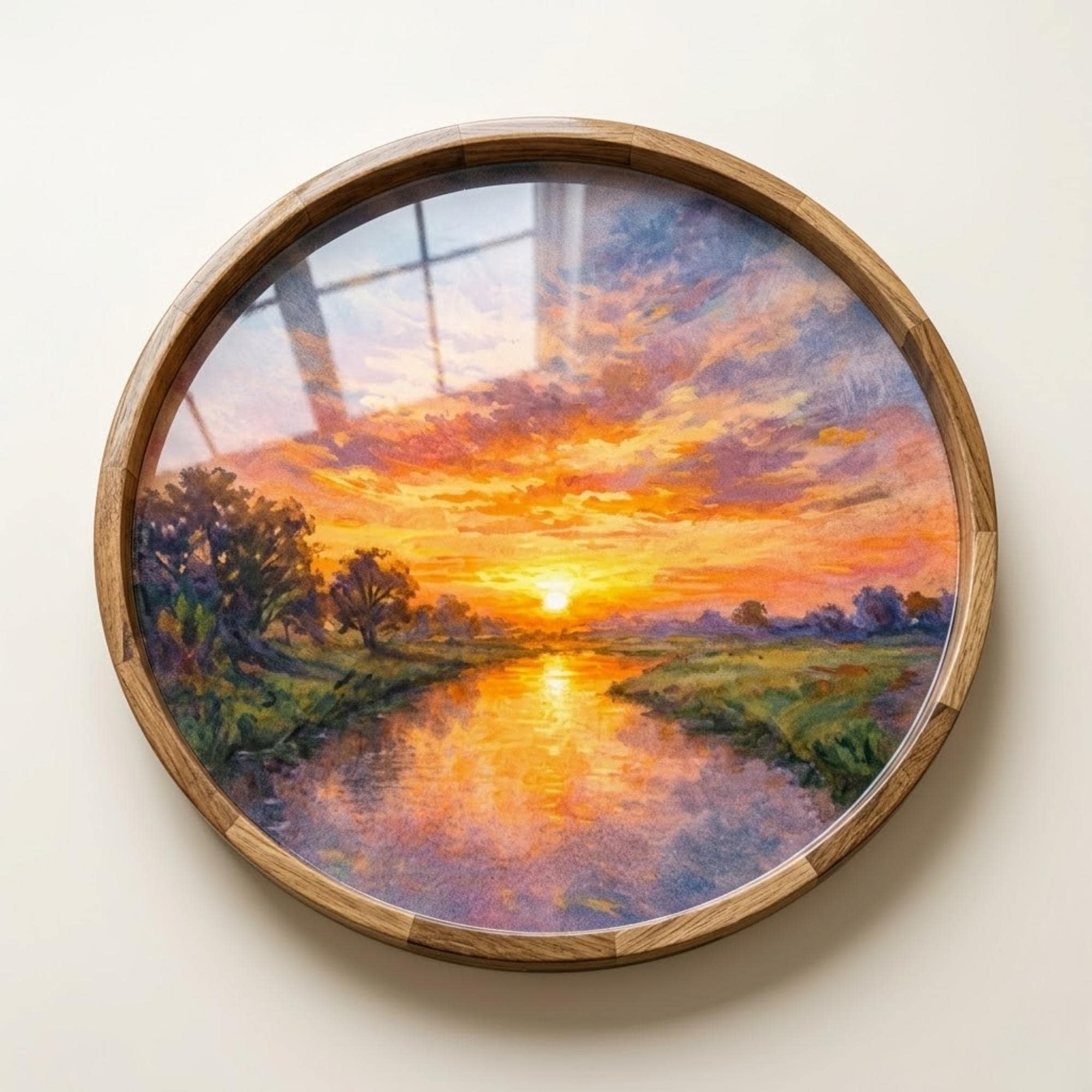 Sunset Landscape Wooden Serving Platter | Printed Mango Wood | Round Tea Coffee Decor Gift