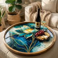 Blue Lotus Mango Wood Serving Tray | Boho Floral Coffee Tea Platter
