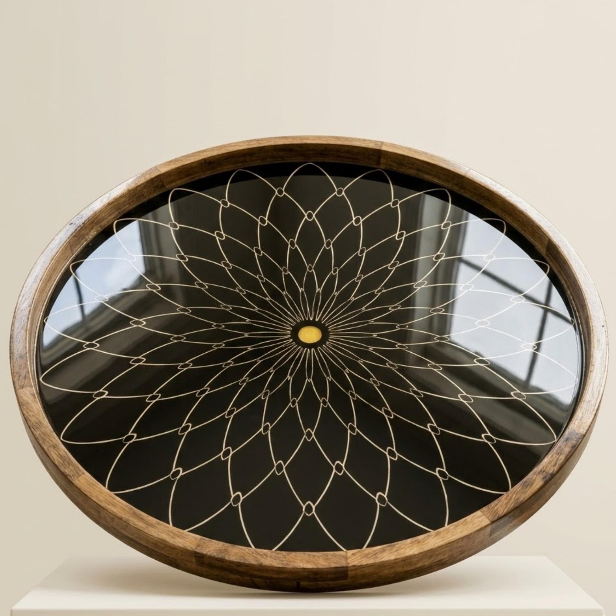 Black Mandala Mango Wood Serving Tray | Boho Ottoman Coffee Table Decor