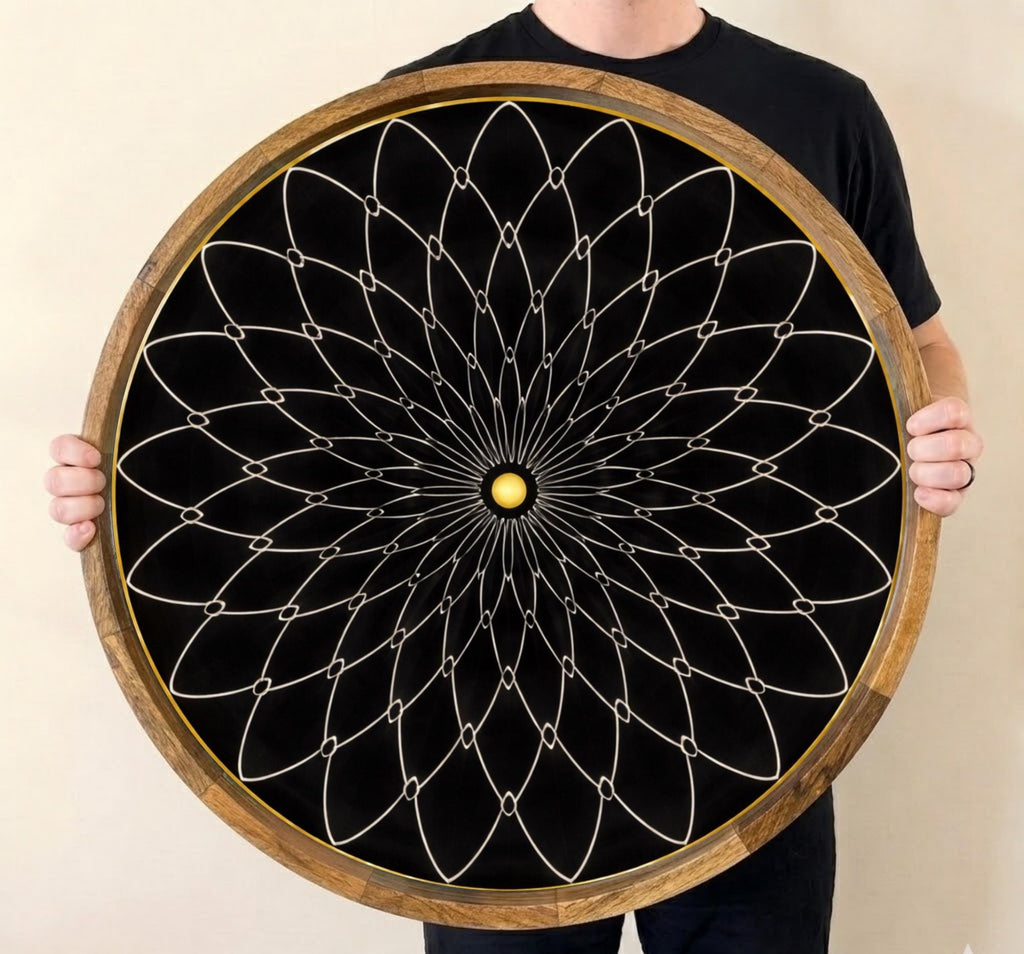 Black Mandala Mango Wood Serving Tray | Boho Ottoman Coffee Table Decor