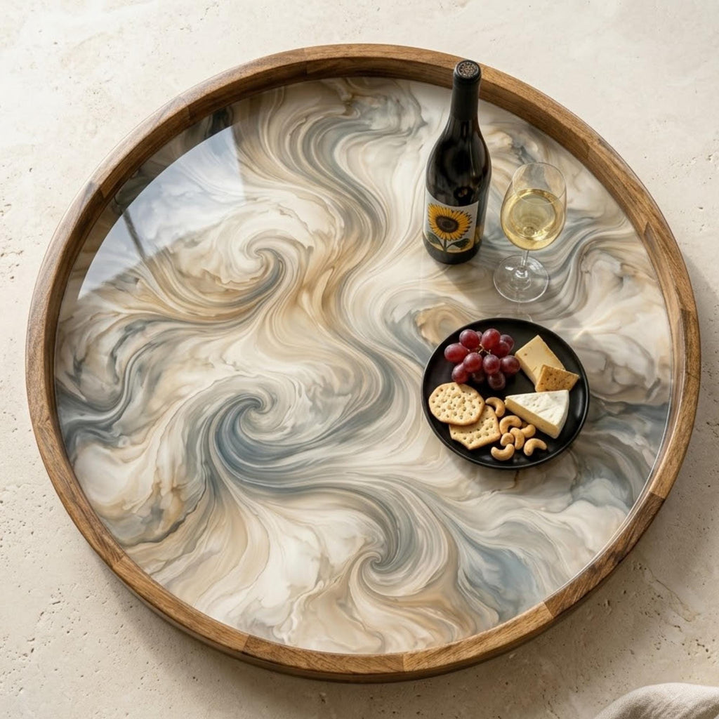 Round Mango Wood Serving Tray | Abstract Swirl Print Ottoman Decor