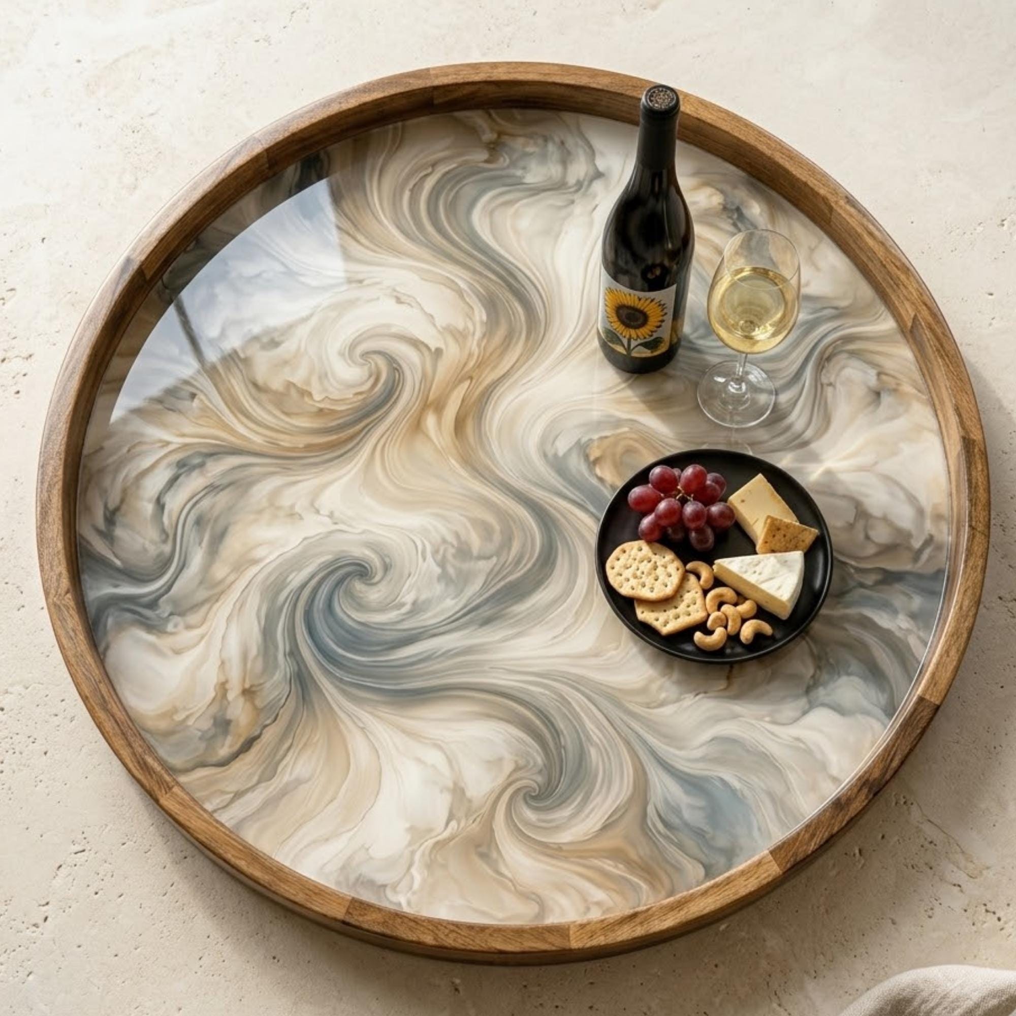 Round Mango Wood Serving Tray | Abstract Swirl Print Ottoman Decor