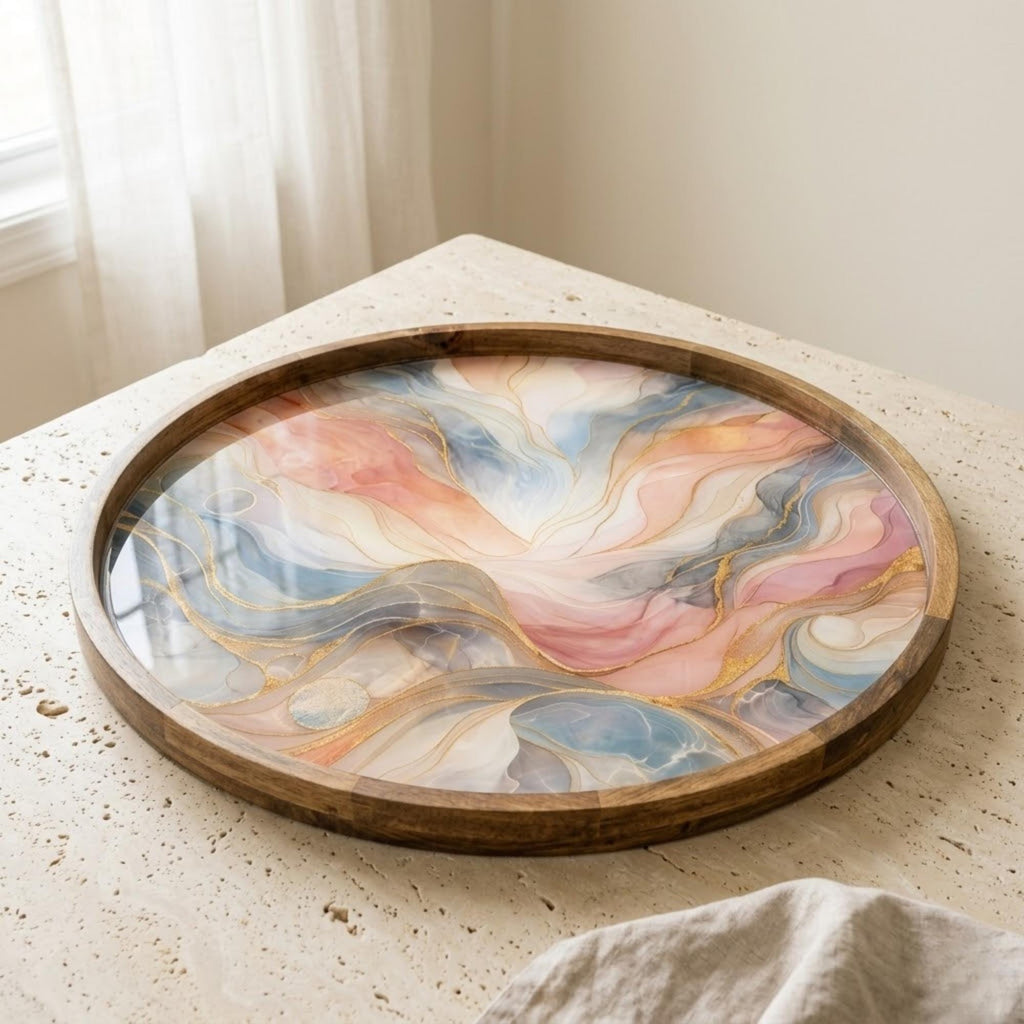 Abstract Marble Serving Tray | Pastel Swirl Mango Wood Coffee Table Tray