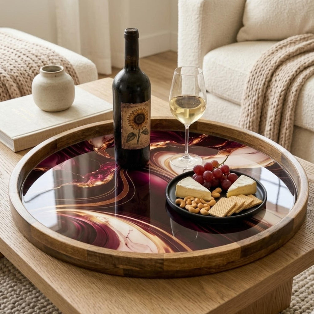 Purple Marble Mango Wood Serving Tray | Round Ottoman Coffee Table Decor