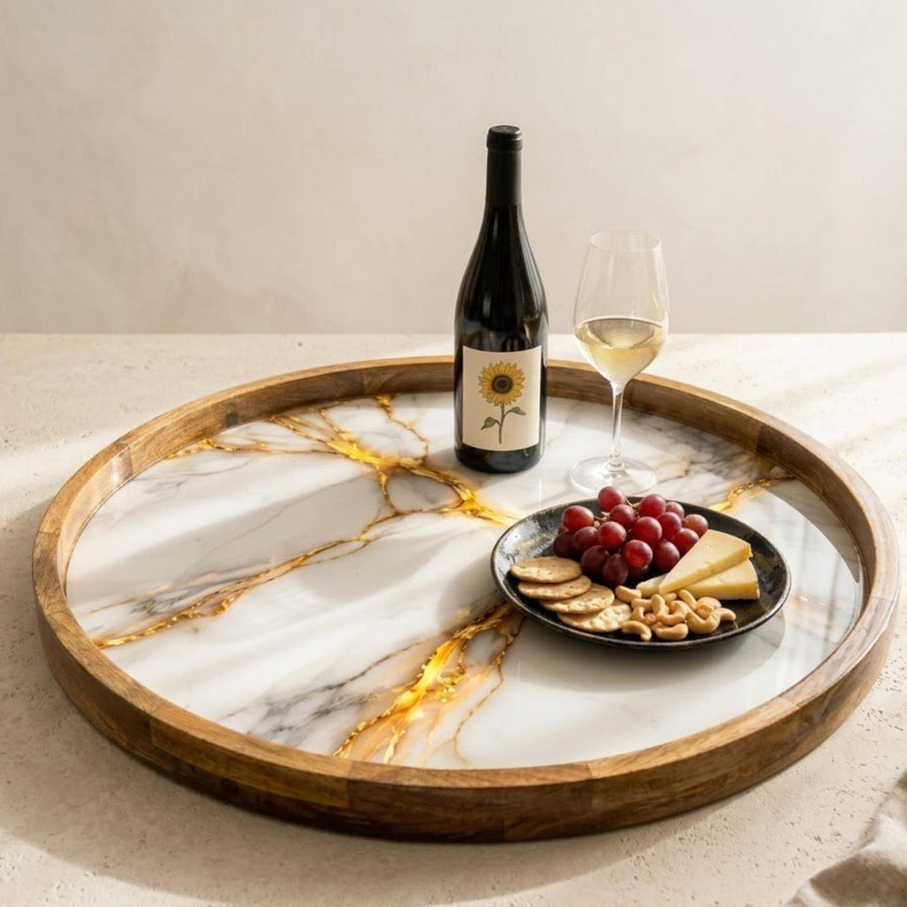 White Marble Print Mango Wood Round Tray | Ottoman Coffee Table Decor