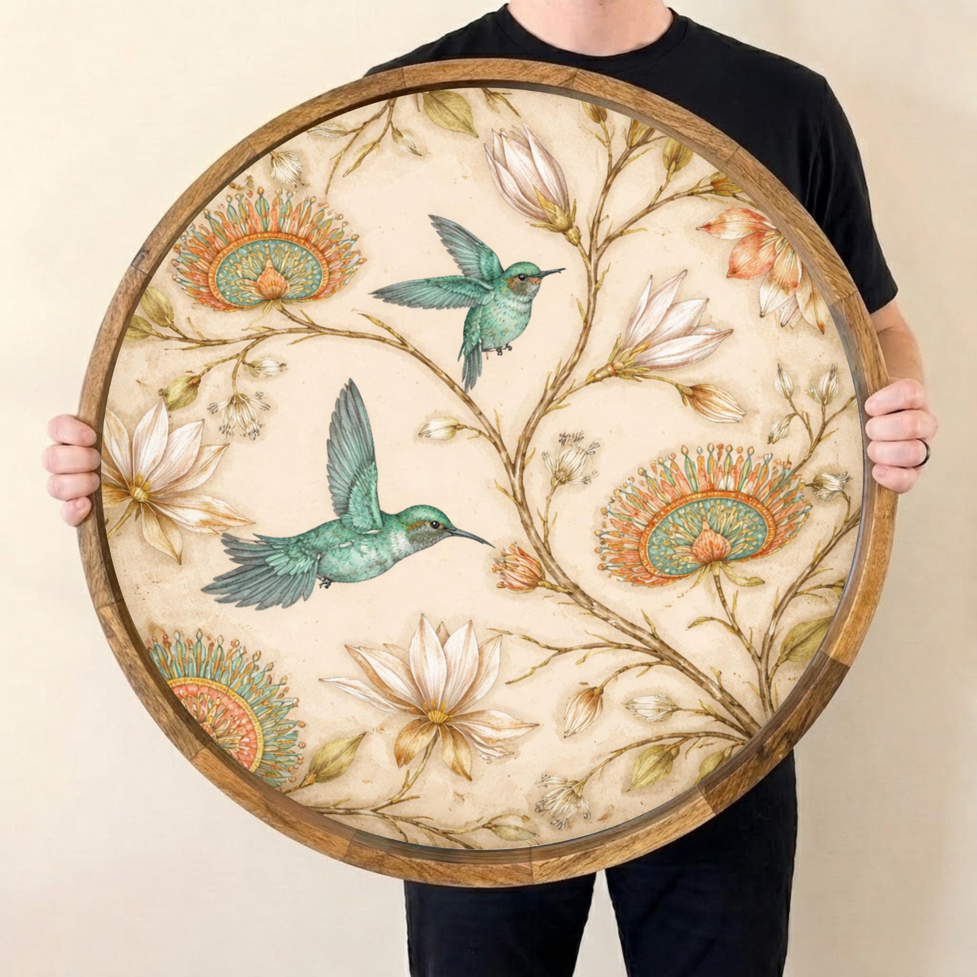 Hummingbird Wooden Tray Printed | Floral Mango Wood Round Tea Serving Decor Gift