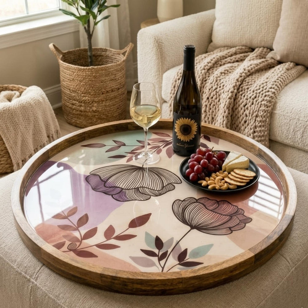 Floral Abstract Mango Wood Serving Tray | Botanical Ottoman Coffee Table Decor
