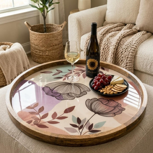 Floral Abstract Mango Wood Serving Tray | Botanical Ottoman Coffee Table Decor
