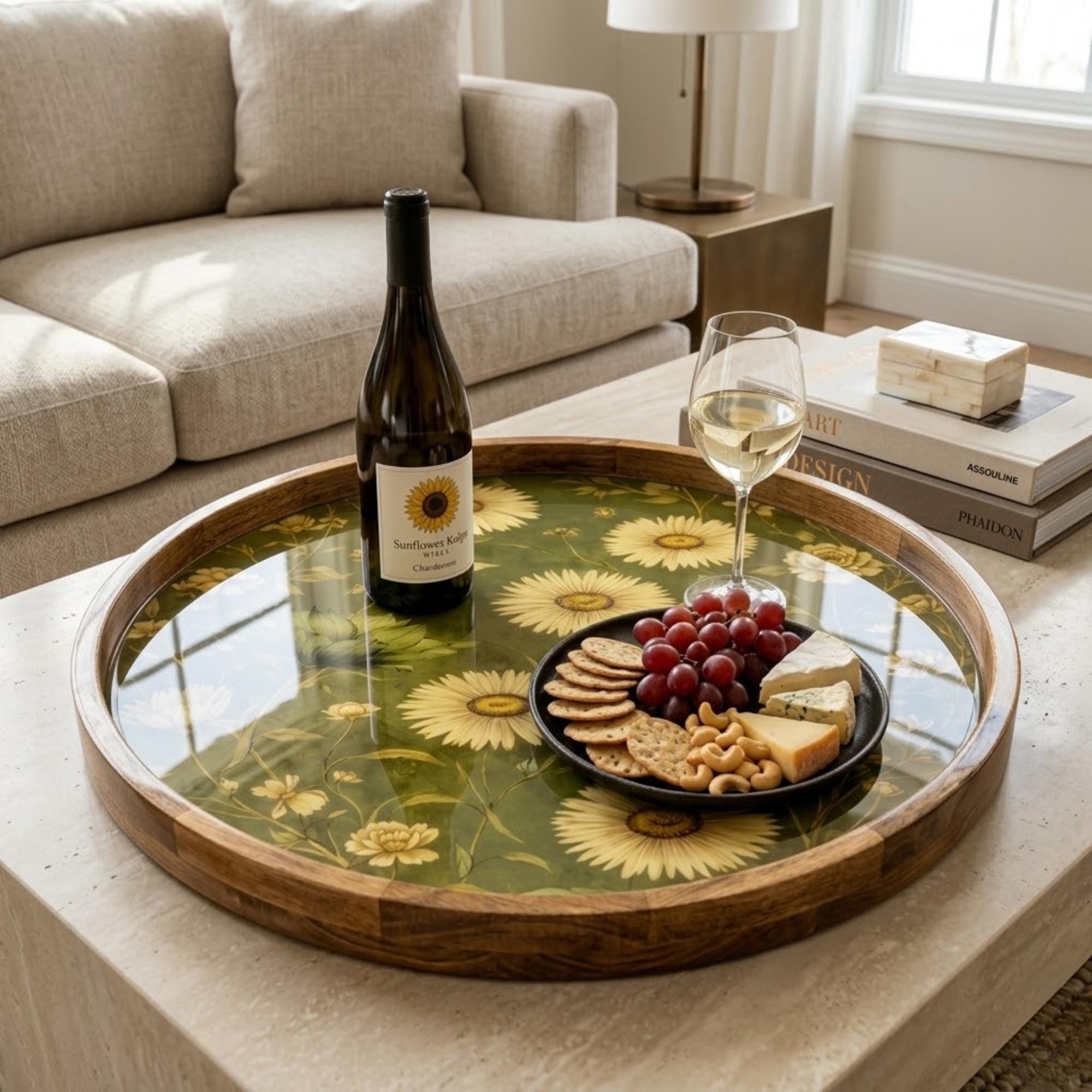 Sunflower Mango Wood Serving Tray | Vintage Floral Ottoman Coffee Table Decor