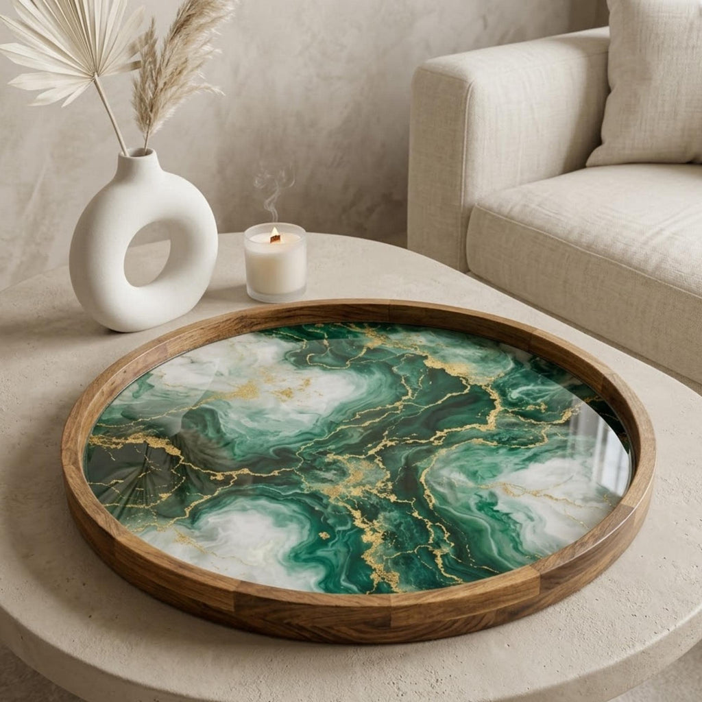Handmade Green Marble Abstract Wooden Serving Tray | Round Ottoman Coffee Table Decor