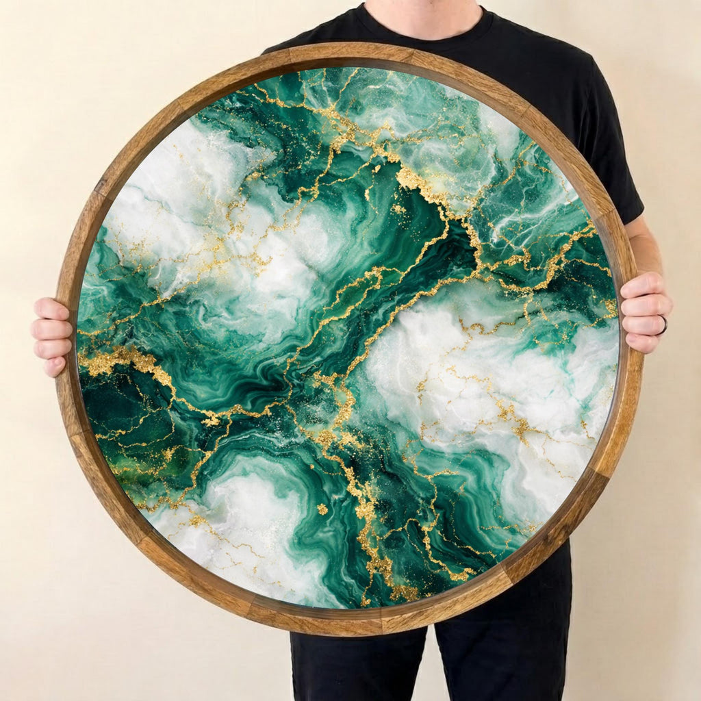 Handmade Green Marble Abstract Wooden Serving Tray | Round Ottoman Coffee Table Decor