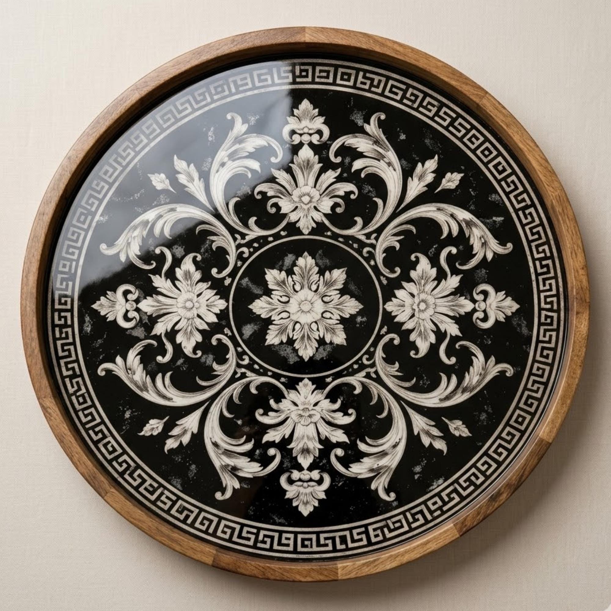 Baroque Serving Tray | Vintage Mango Wood Ottoman Decor, Round Coffee Table Styling