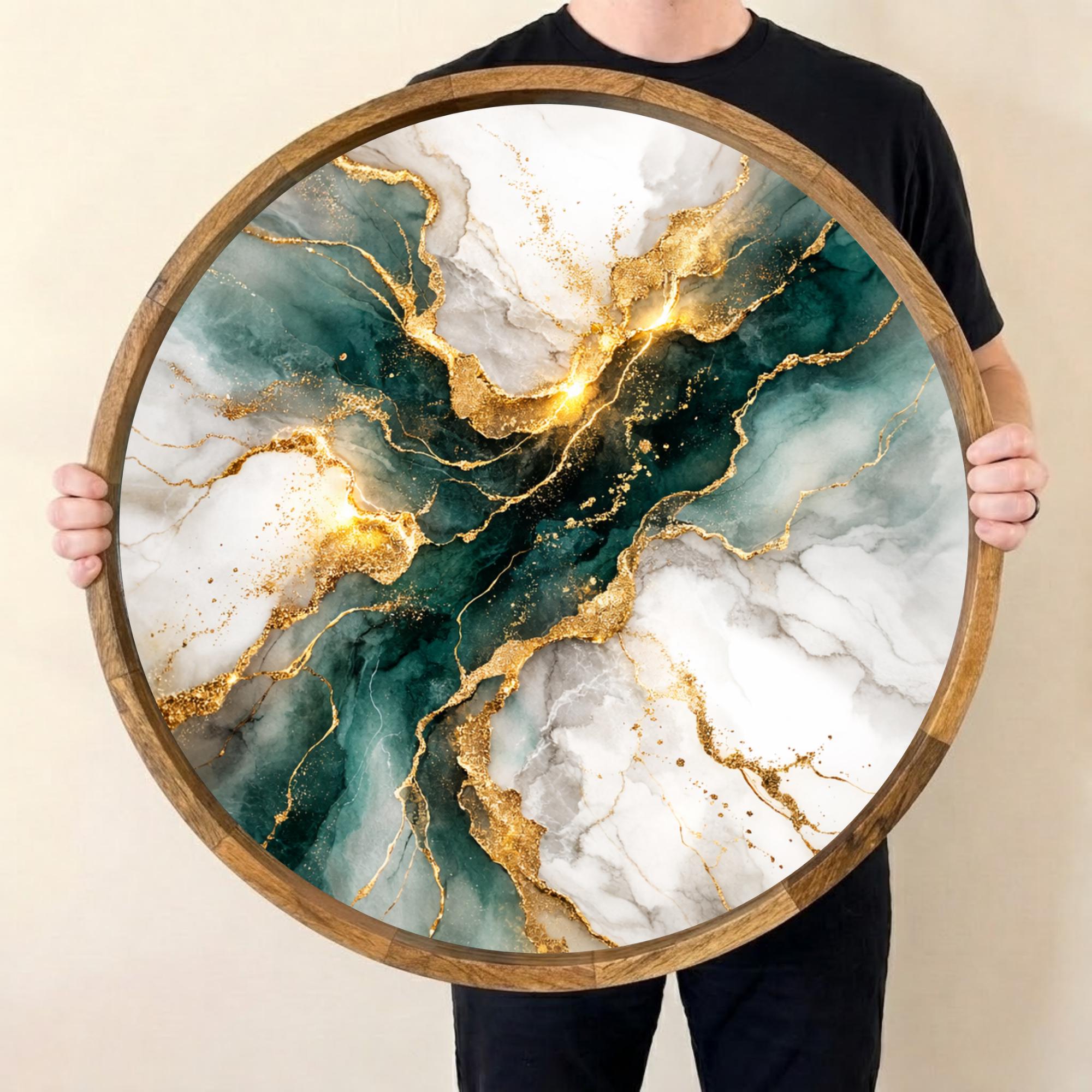 Handmade Abstract Green Marble Wood Serving Tray | Round Ottoman Coffee Table Decor