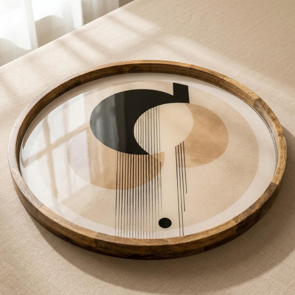 Geometric Abstract Mango Wood Serving Tray | Minimalist Ottoman Coffee Table Decor