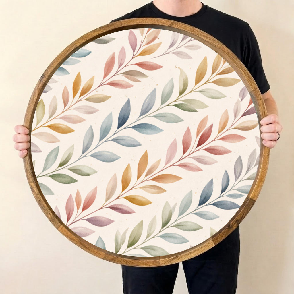 Printed Mango Wood Round Serving Tray | Botanical Leaf Boho Home Décor