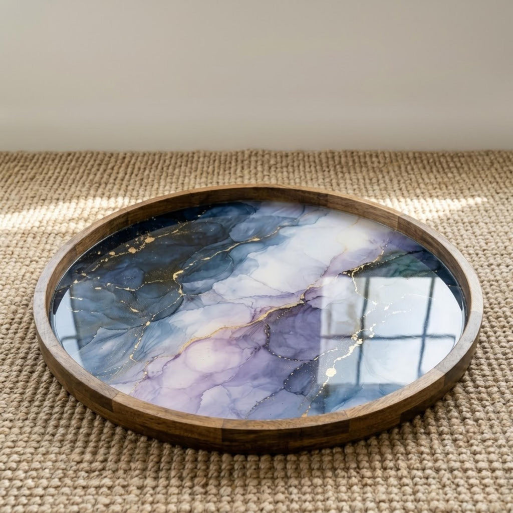 Printed Mango Wood Serving Tray | Water Resistant Round Decorative Tray | Home Decor