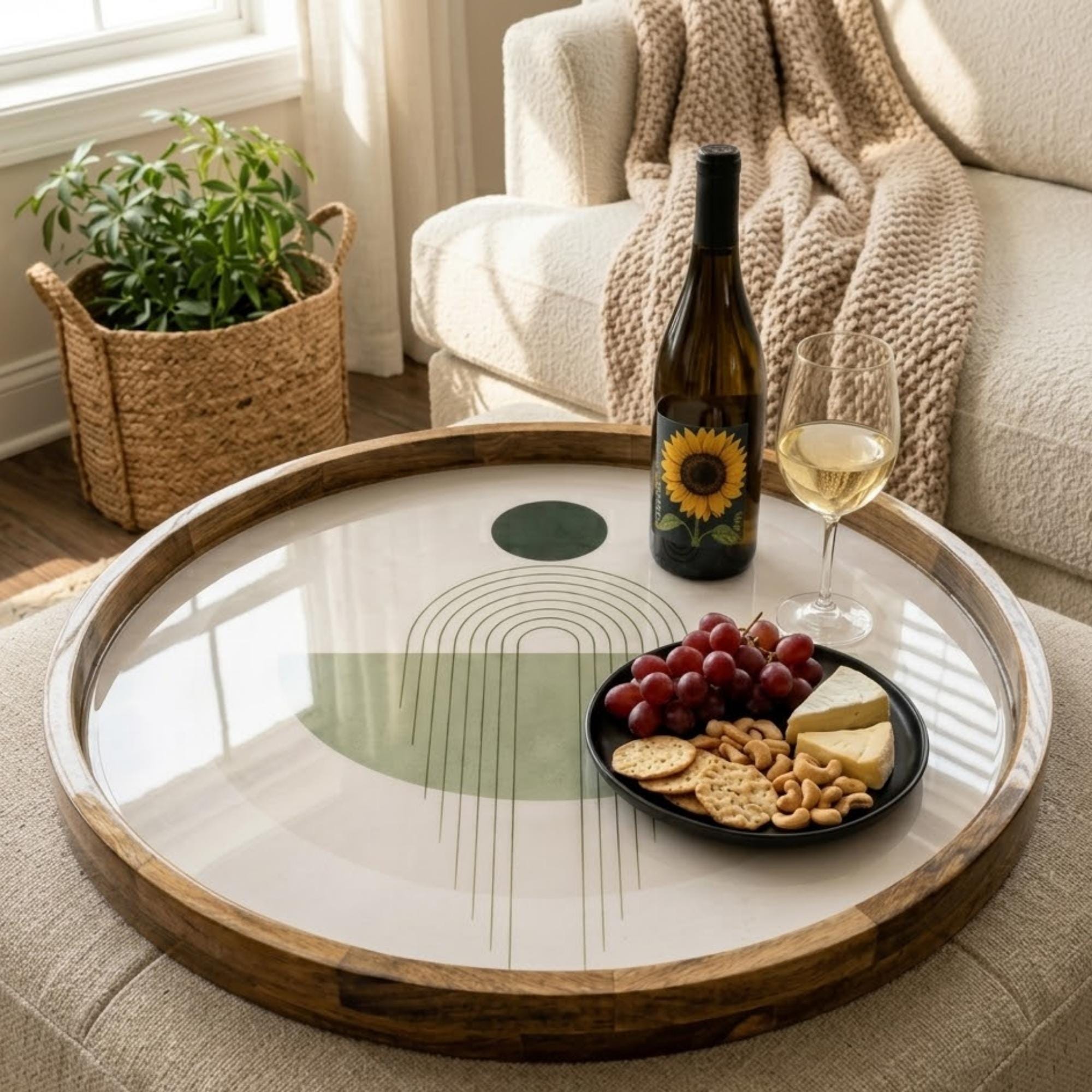 Handcrafted Mango Wood Serving Tray | Sage Green Abstract Print Ottoman Decor