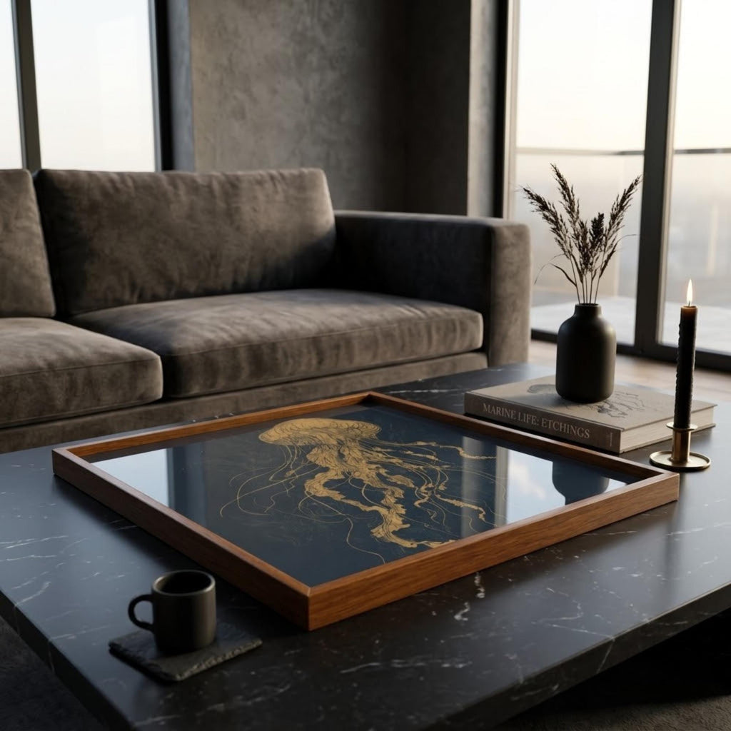 Square Serving Tray, Dark Academia Tray, Black Gold Ottoman Tray, Coffee Table Tray, Handmade Resin Wood Tray, Luxury Decorative Home Accent