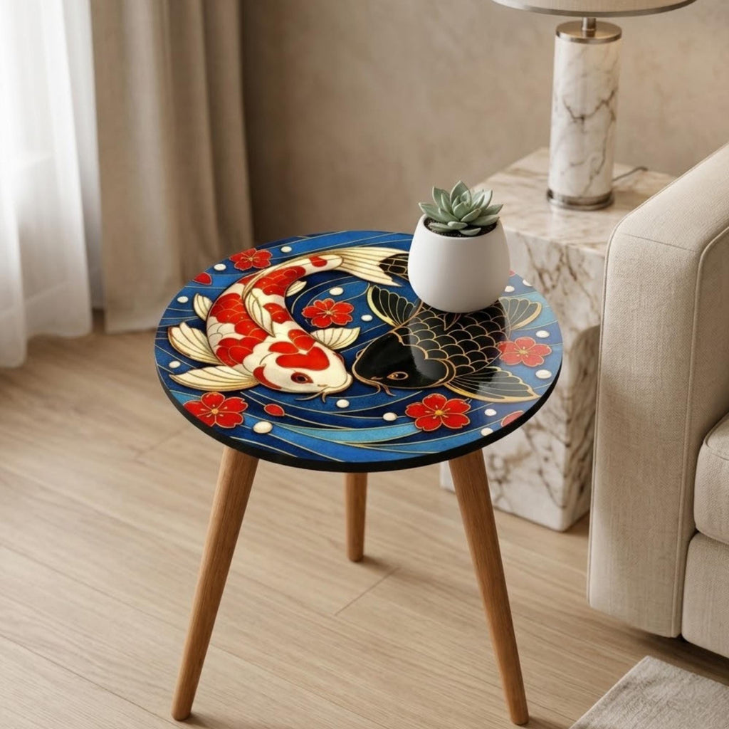 Koi Fish Side Table | Printed Mango Wood End Table | Japanese Floral Accent Table | Handmade Living Room Decor | Unique Gift